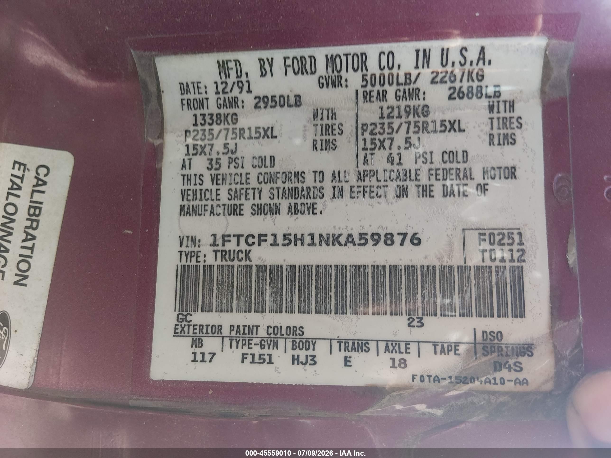 1992 Ford F150   Purple vin: 1FTCF15H1NKA59876