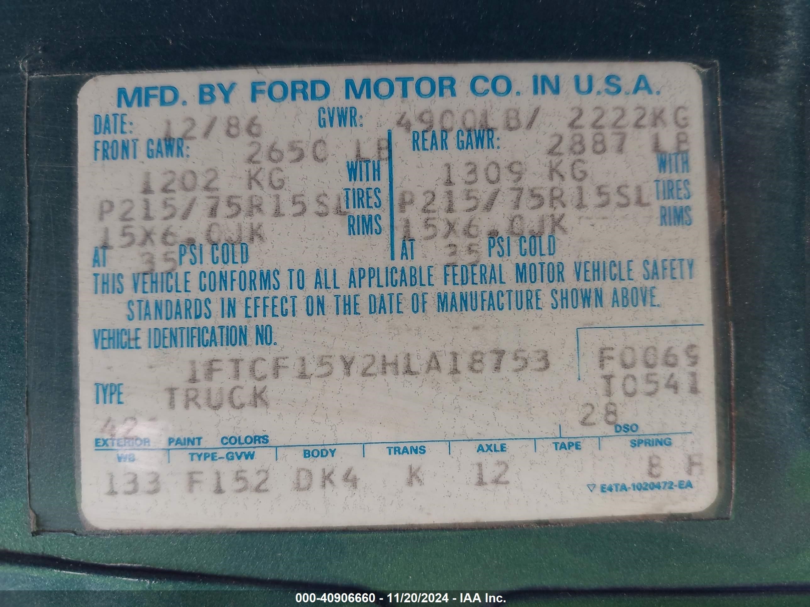 Price & History 1987 Ford F150 4.9l I6 Fi F vin: 1FTCF15Y2HLA18753