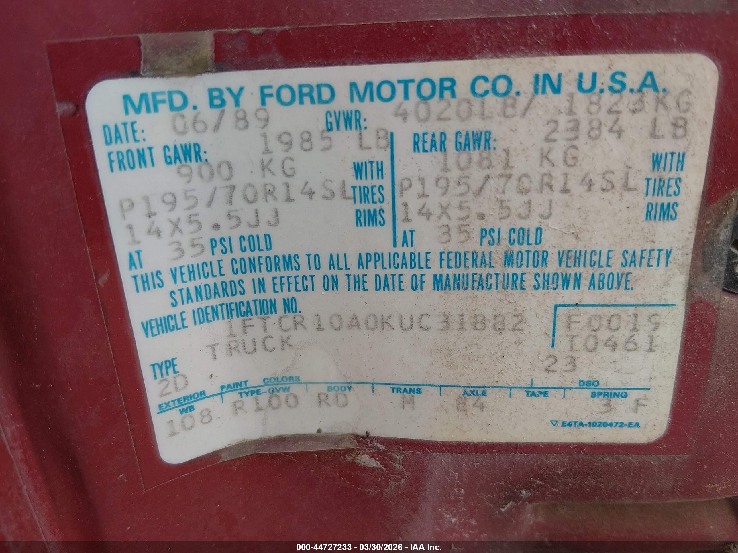 1989 Ford Ranger   Red vin: 1FTCR10A0KUC31882