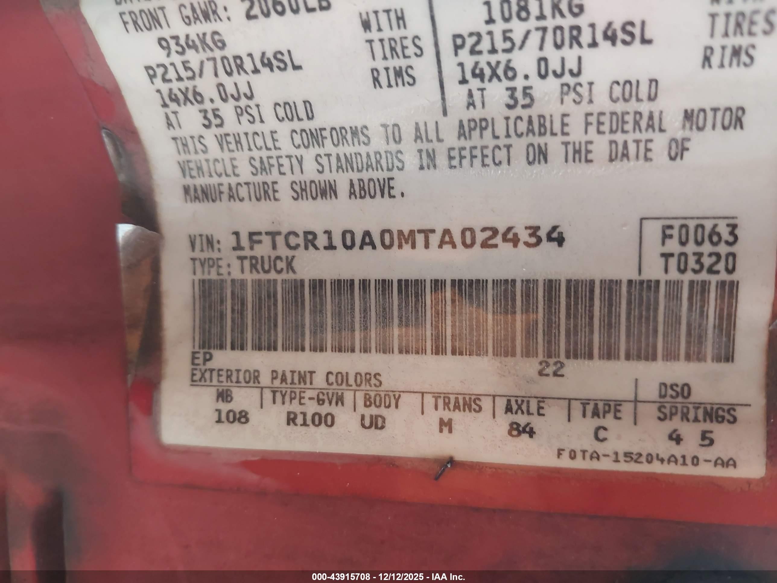 1991 Ford Ranger   Red vin: 1FTCR10A0MTA02434