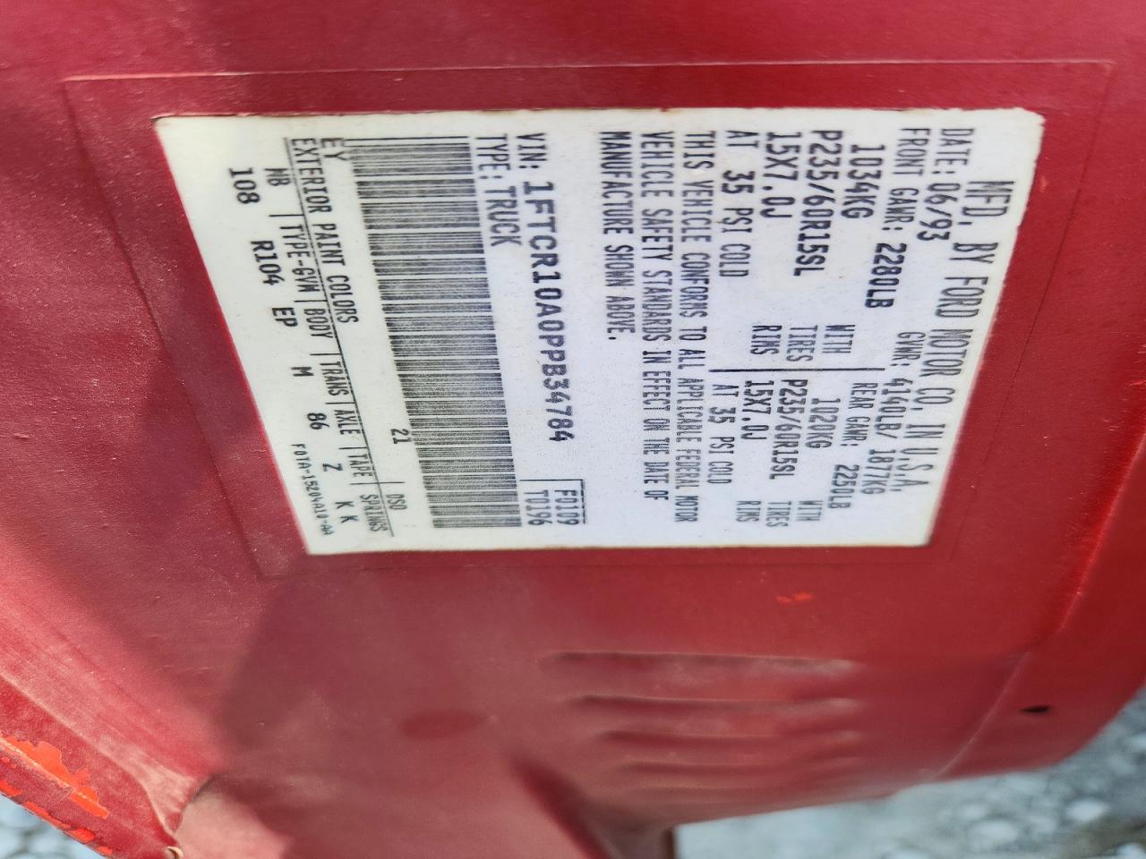1993 Ford Ranger Red vin: 1FTCR10A0PPB34784