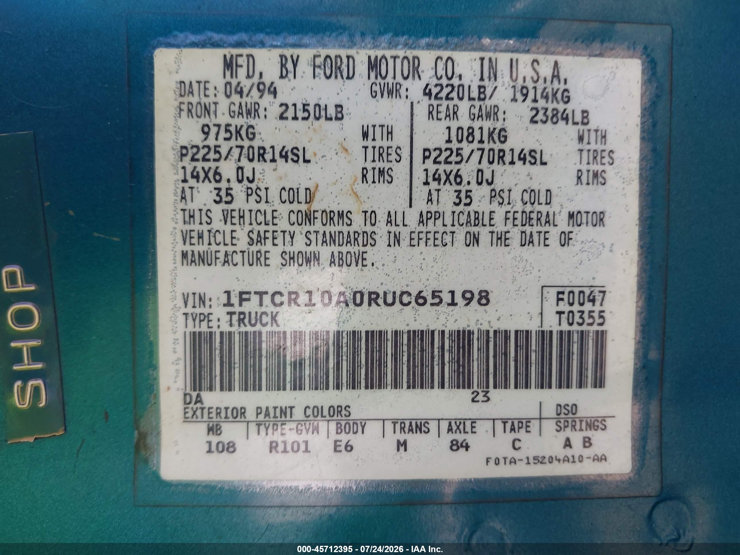 1994 Ford Ranger   Green vin: 1FTCR10A0RUC65198