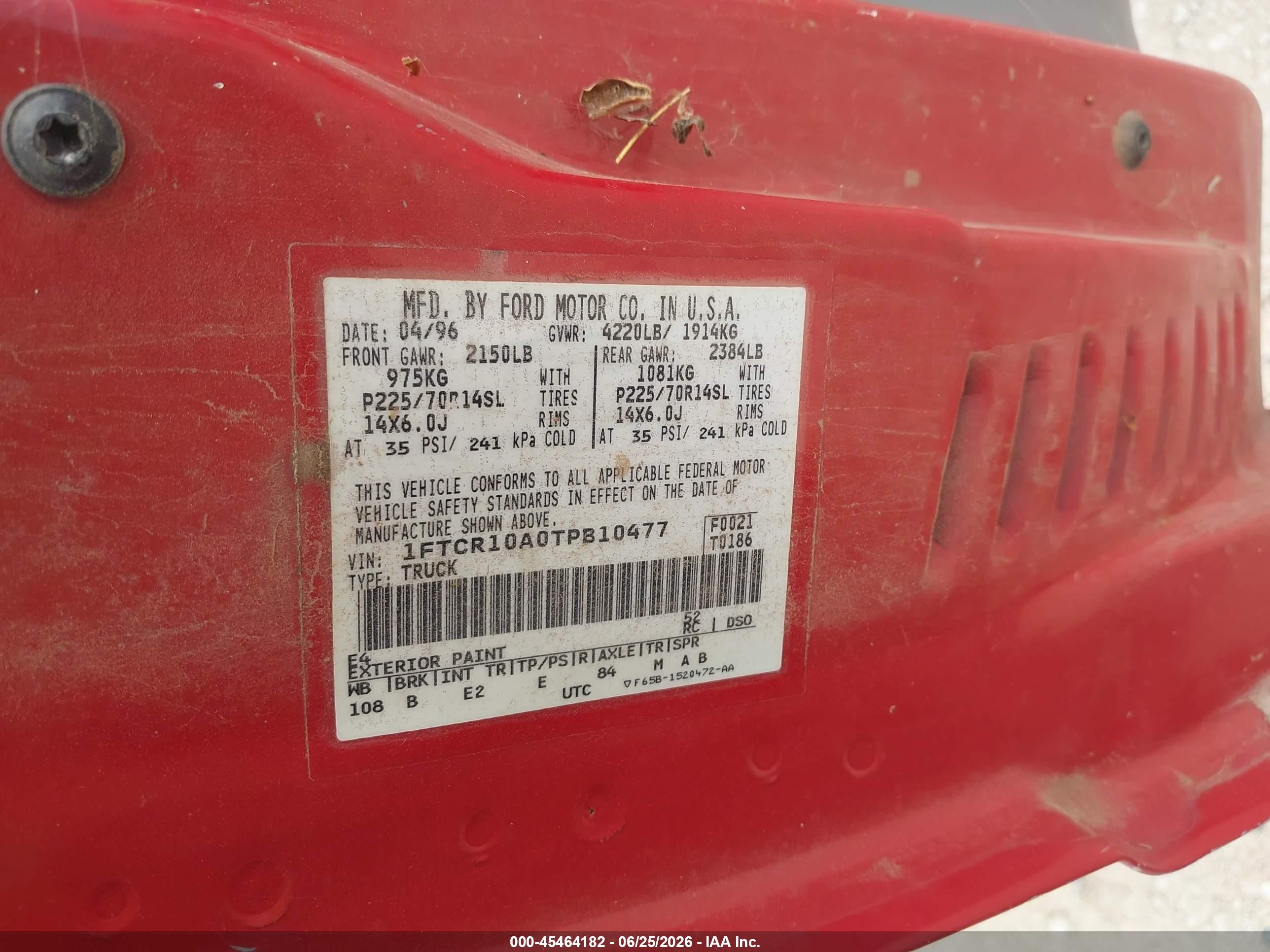1996 Ford Ranger   Red vin: 1FTCR10A0TPB10477