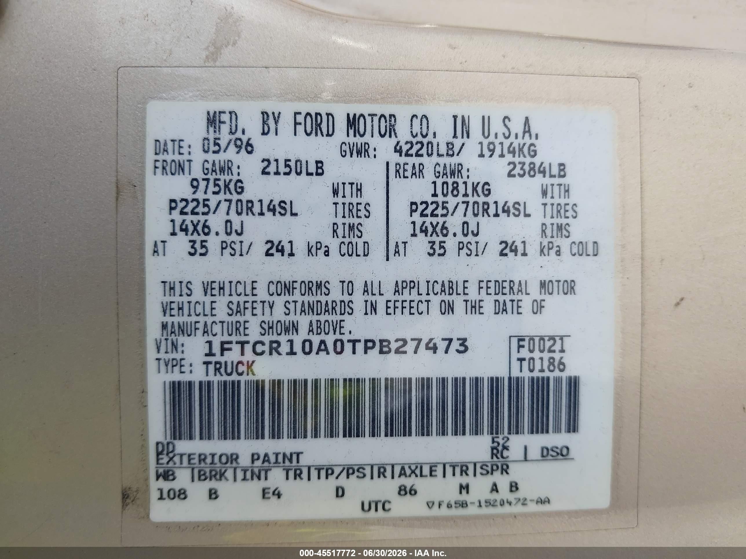 1996 Ford Ranger   Beige vin: 1FTCR10A0TPB27473