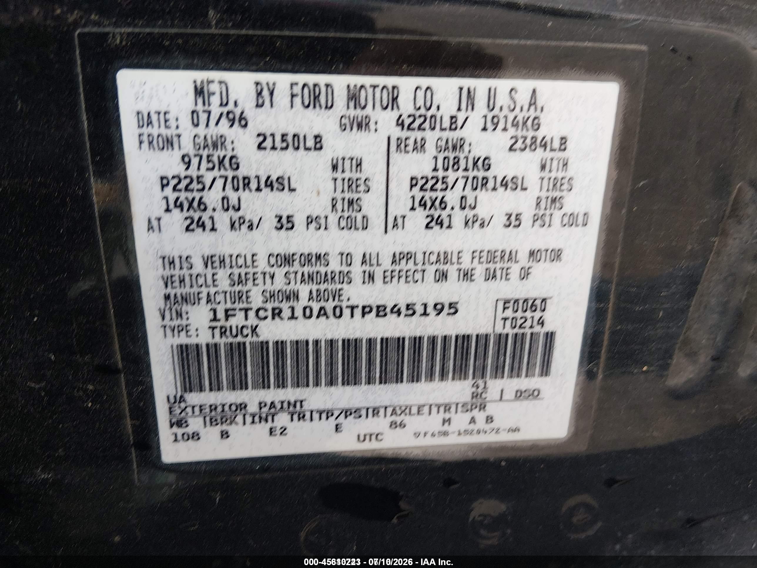 1996 Ford Ranger   Black vin: 1FTCR10A0TPB45195