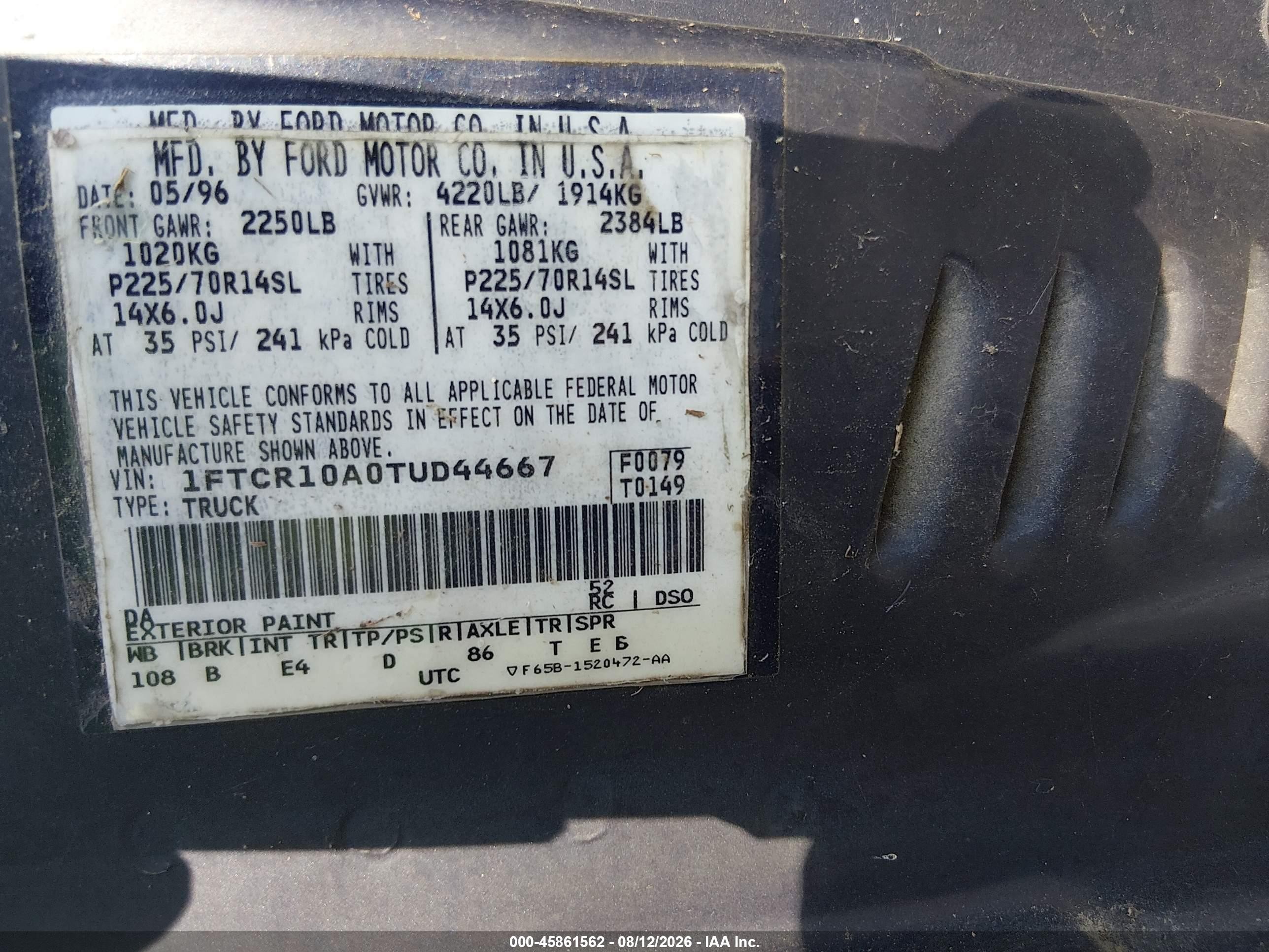 1996 Ford Ranger   Blue vin: 1FTCR10A0TUD44667