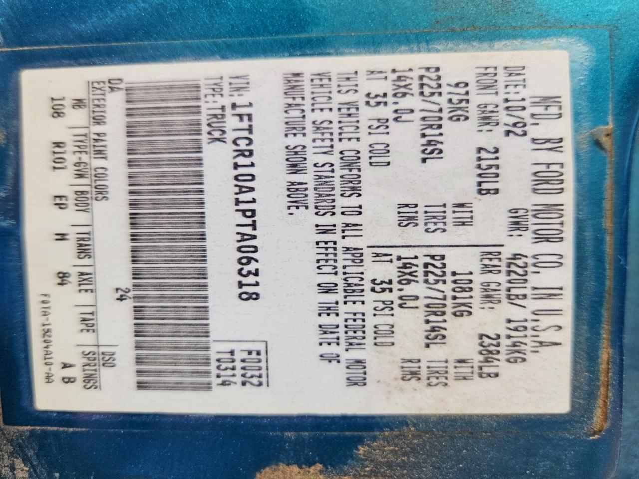 1993 Ford Ranger Turquoise vin: 1FTCR10A1PTA06318