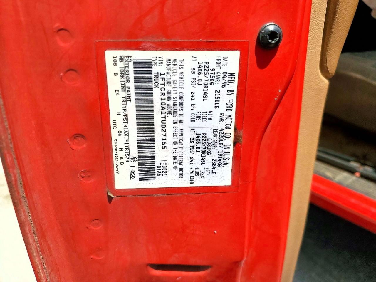 1996 Ford Ranger Red vin: 1FTCR10A1TUD27165