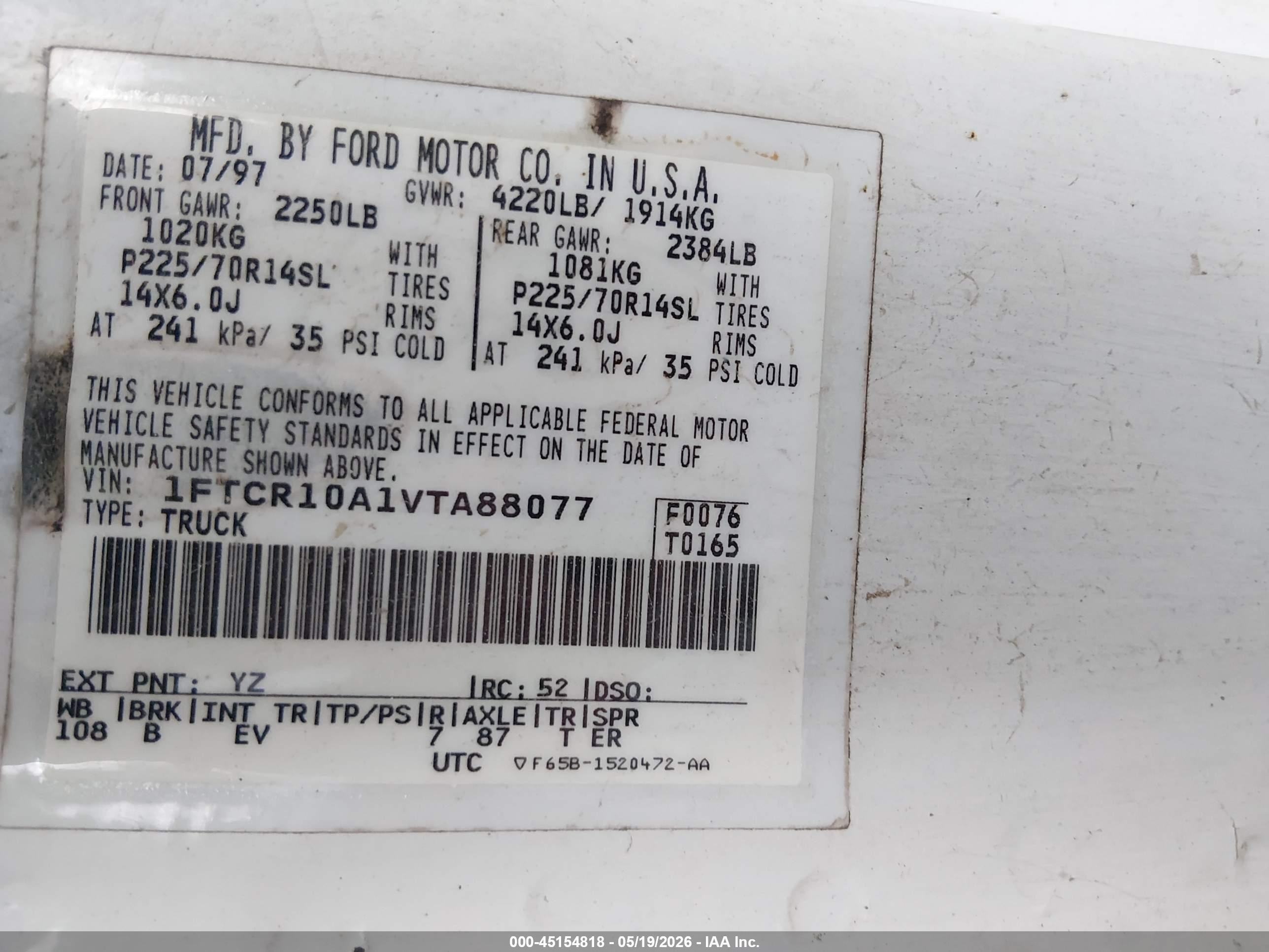 1997 Ford Ranger Splash/xl/xlt White vin: 1FTCR10A1VTA88077
