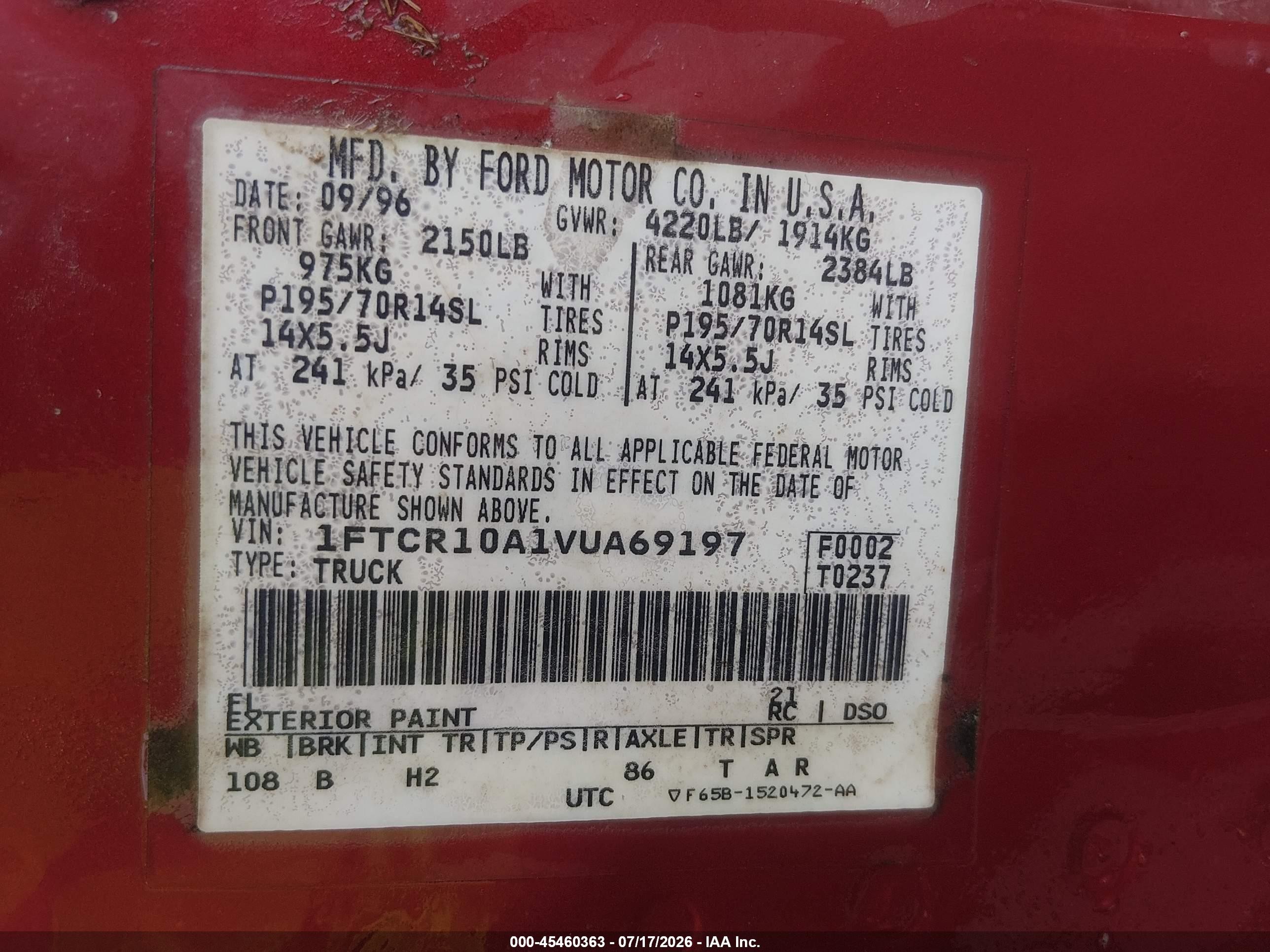 1997 Ford Ranger Splash/xlt Red vin: 1FTCR10A1VUA69197