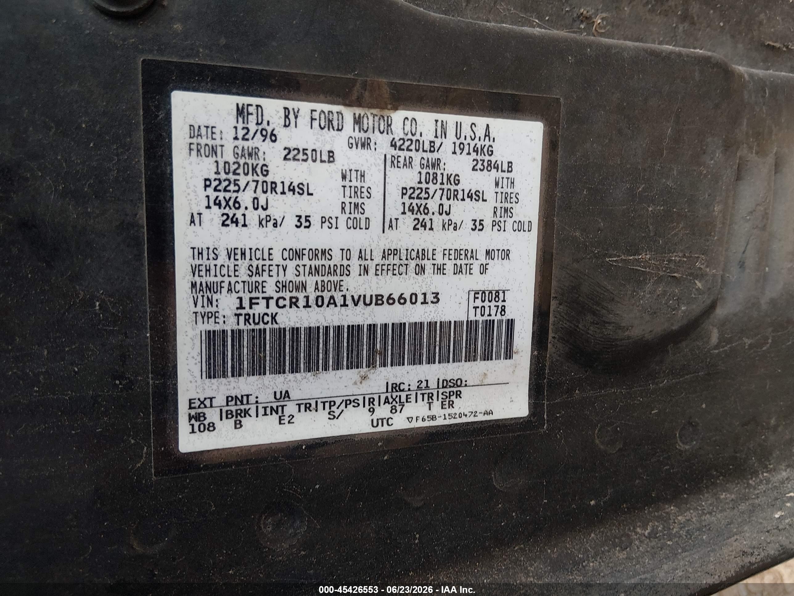 1997 Ford Ranger Splash/xl/xlt Черный vin: 1FTCR10A1VUB66013