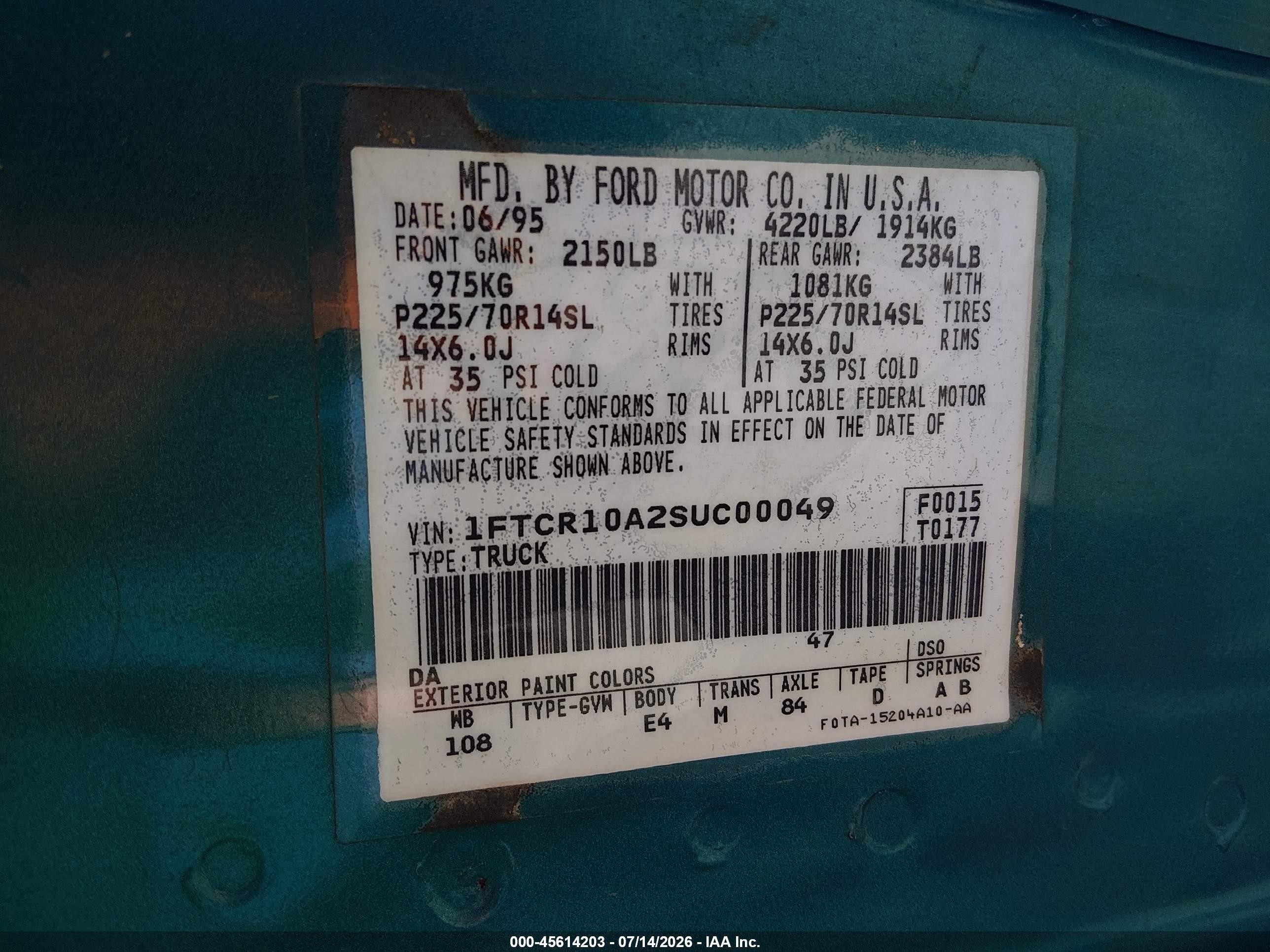 1995 Ford Ranger   Green vin: 1FTCR10A2SUC00049