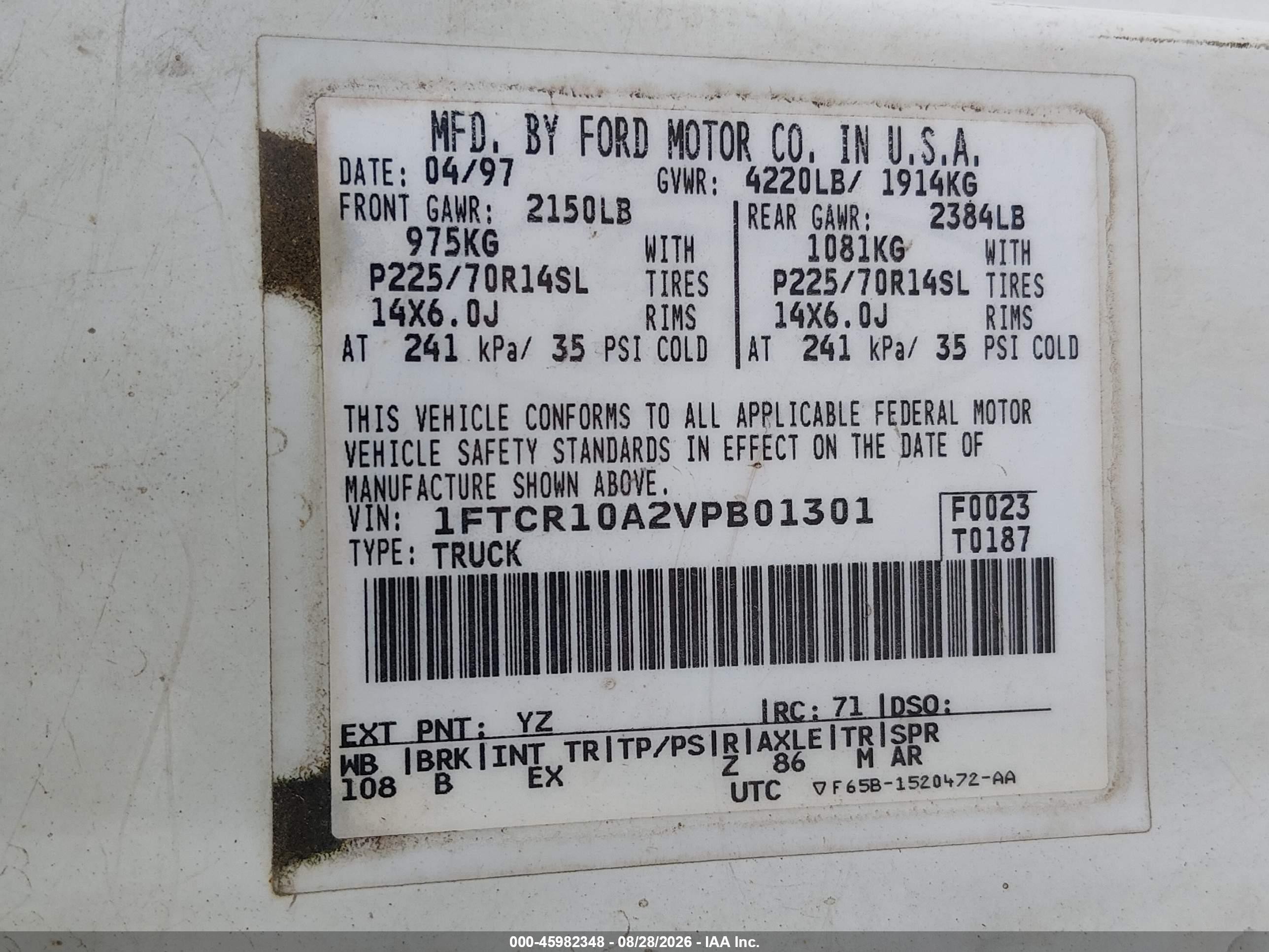 1997 Ford Ranger Splash/xl/xlt White vin: 1FTCR10A2VPB01301