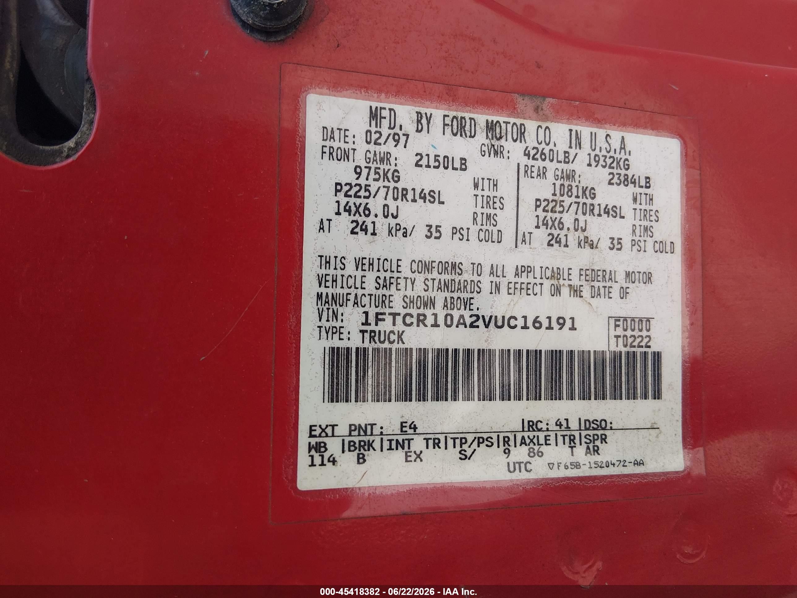 1997 Ford Ranger Splash/xl/xlt Red vin: 1FTCR10A2VUC16191