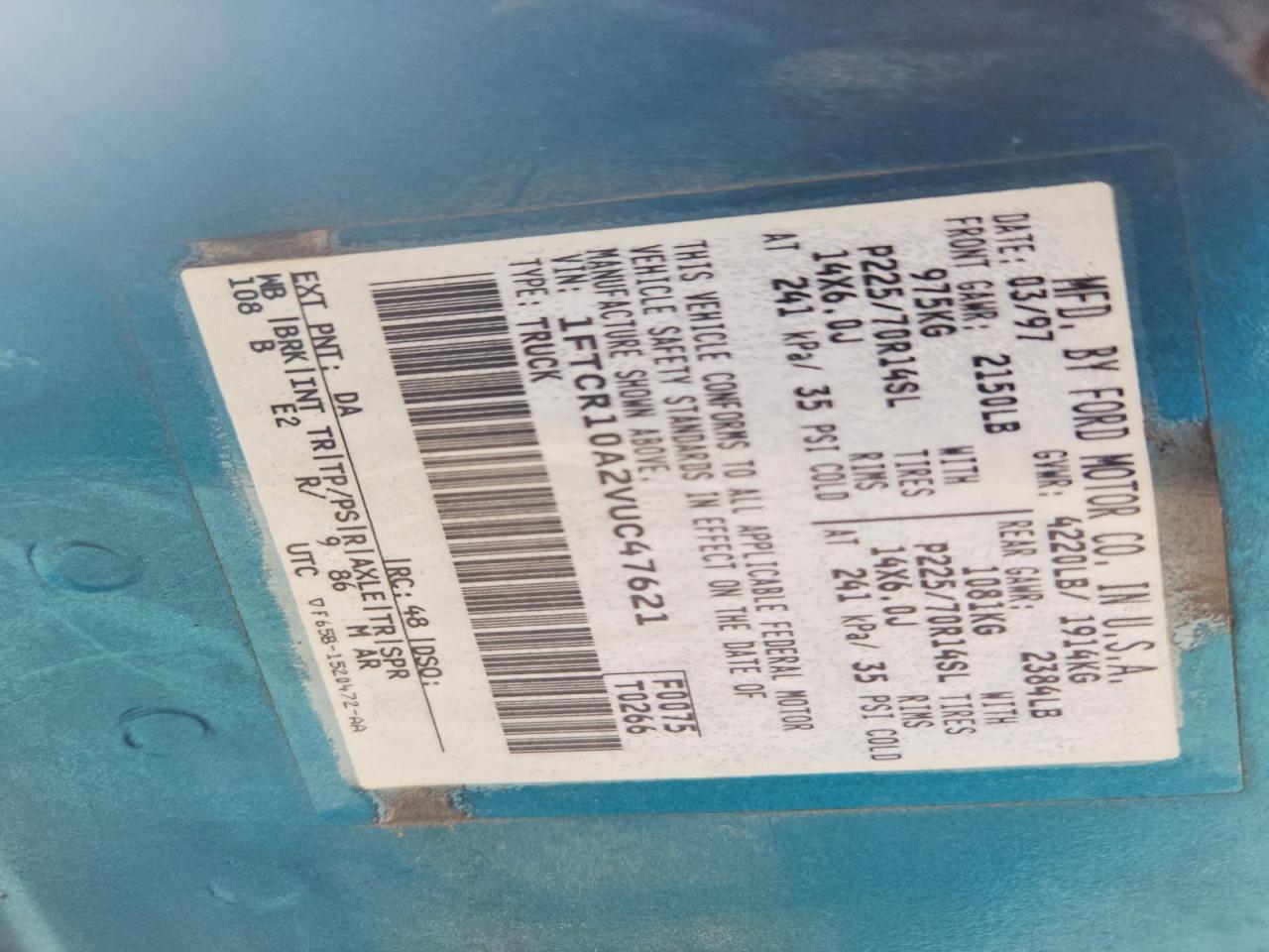 1997 Ford Ranger Teal vin: 1FTCR10A2VUC47621