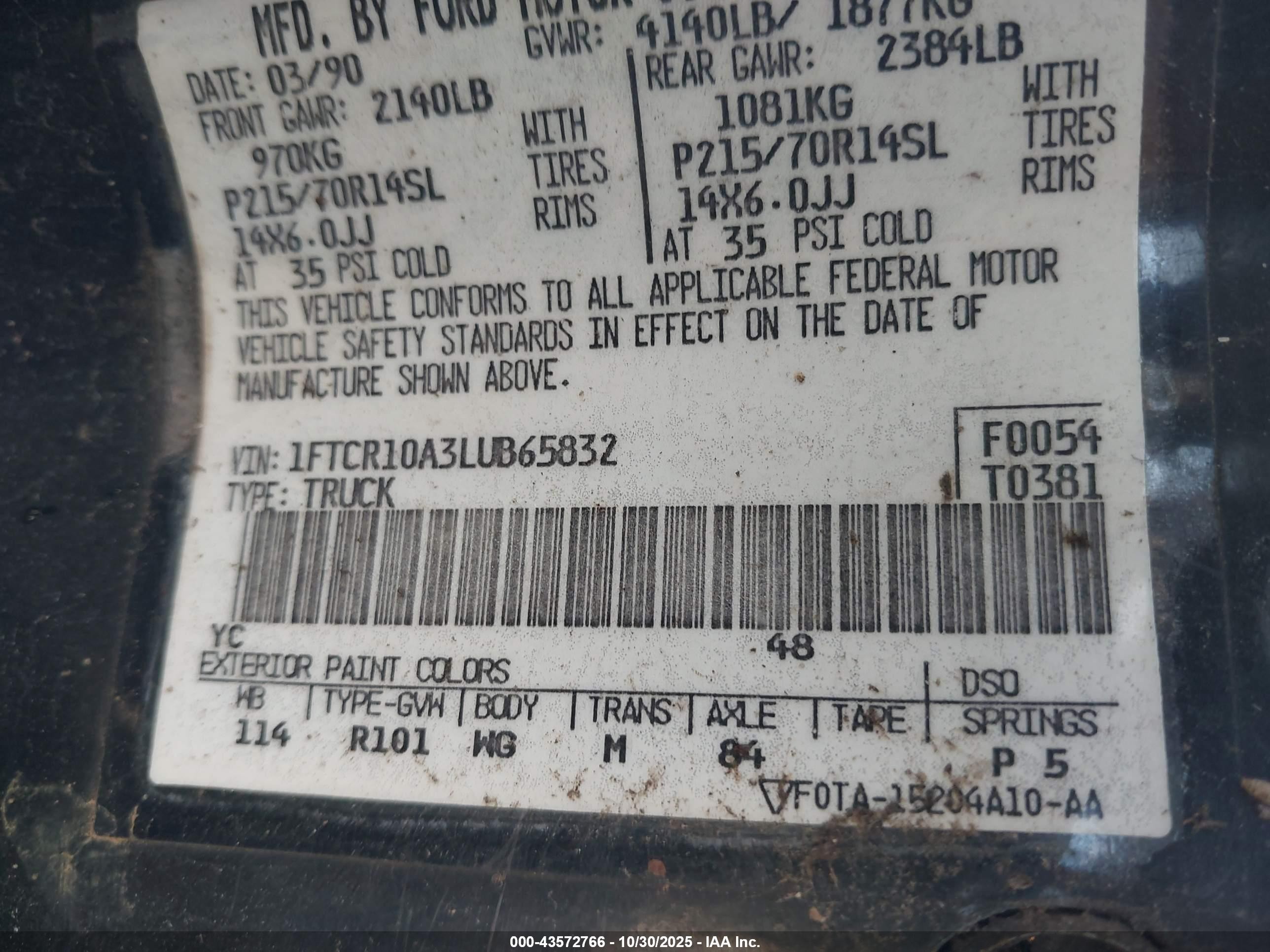 1990 Ford Ranger   Черный vin: 1FTCR10A3LUB65832