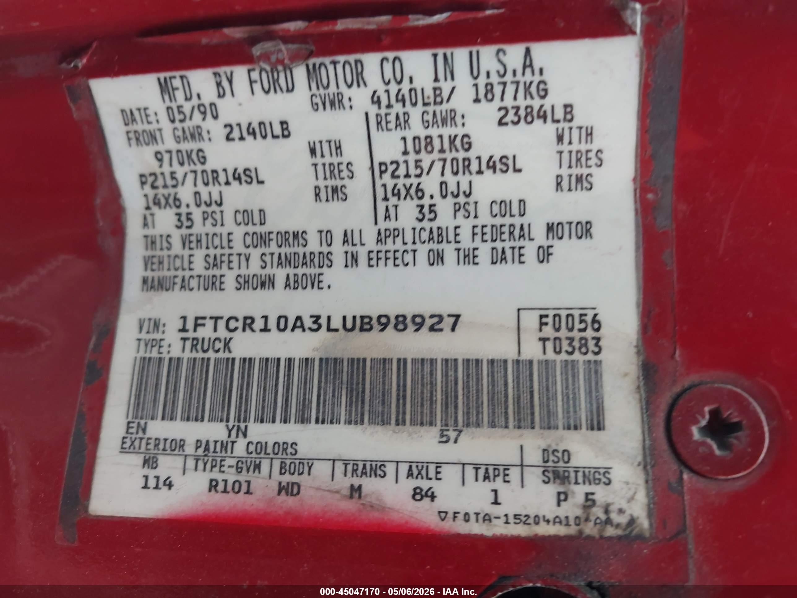 1990 Ford Ranger   Красный vin: 1FTCR10A3LUB98927