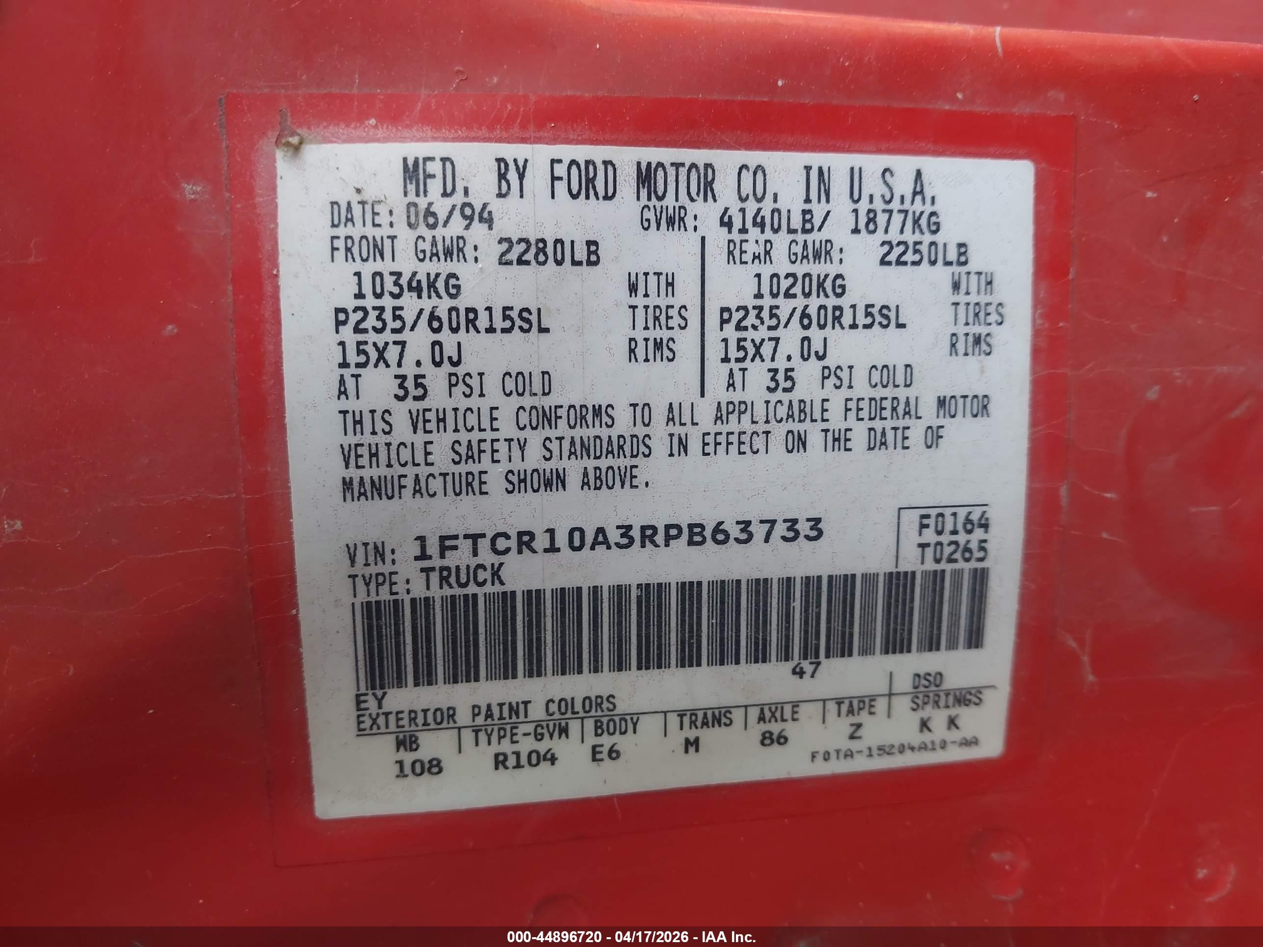 1994 Ford Ranger   Red vin: 1FTCR10A3RPB63733