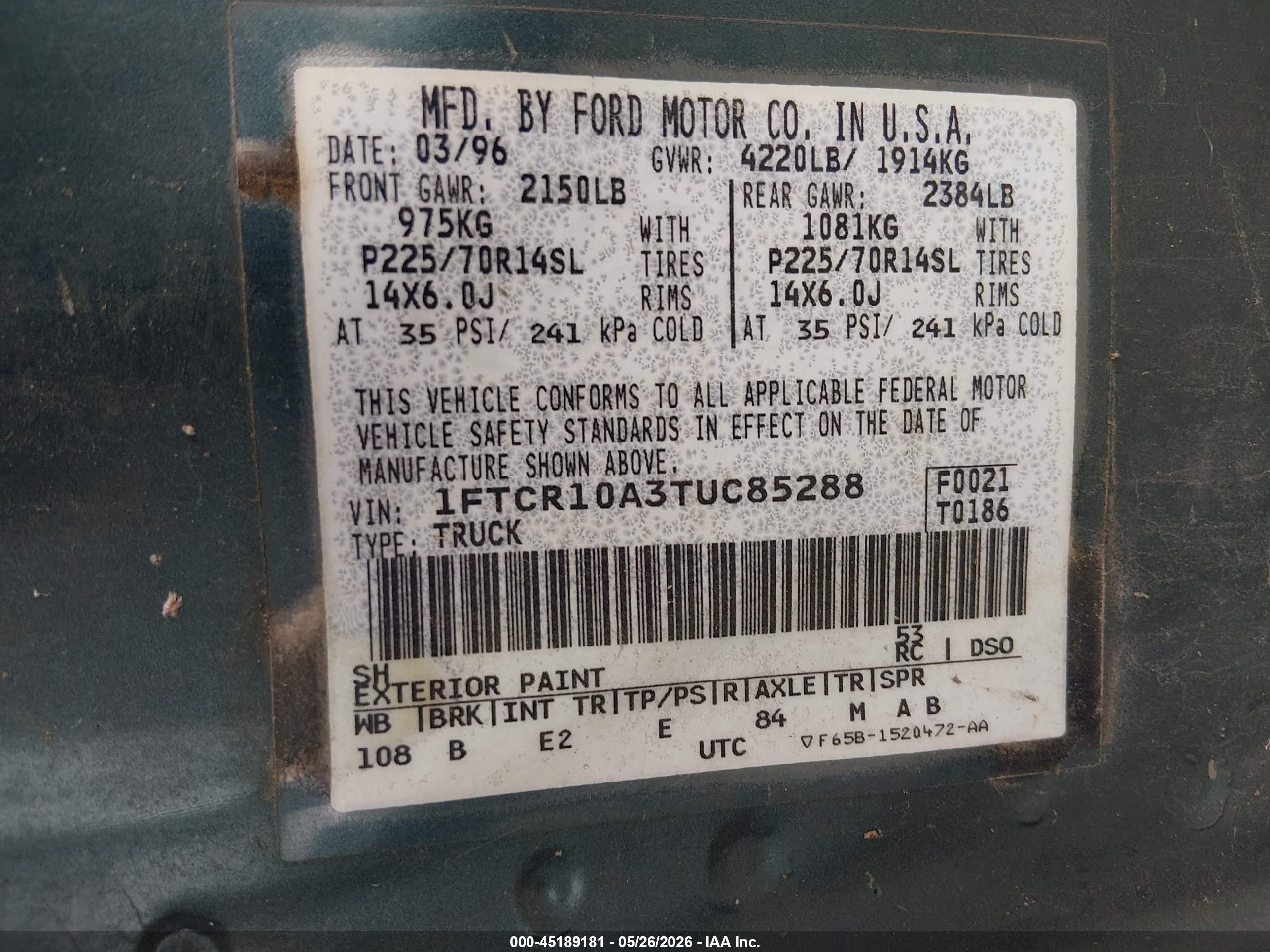 1996 Ford Ranger   Green vin: 1FTCR10A3TUC85288