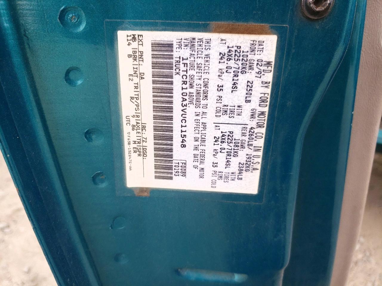 1997 Ford Ranger Teal vin: 1FTCR10A3VUC11548
