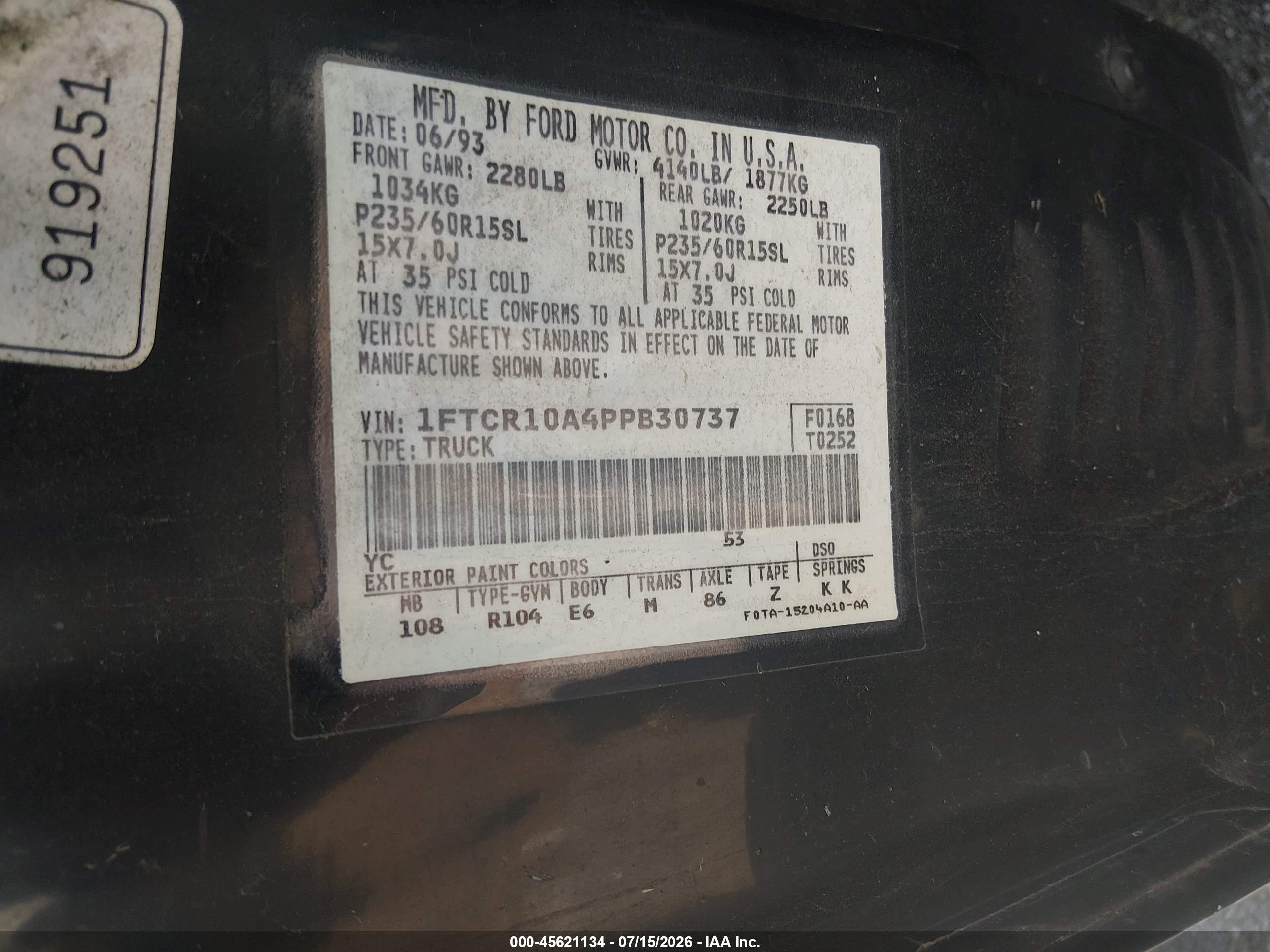 1993 Ford Ranger   Black vin: 1FTCR10A4PPB30737
