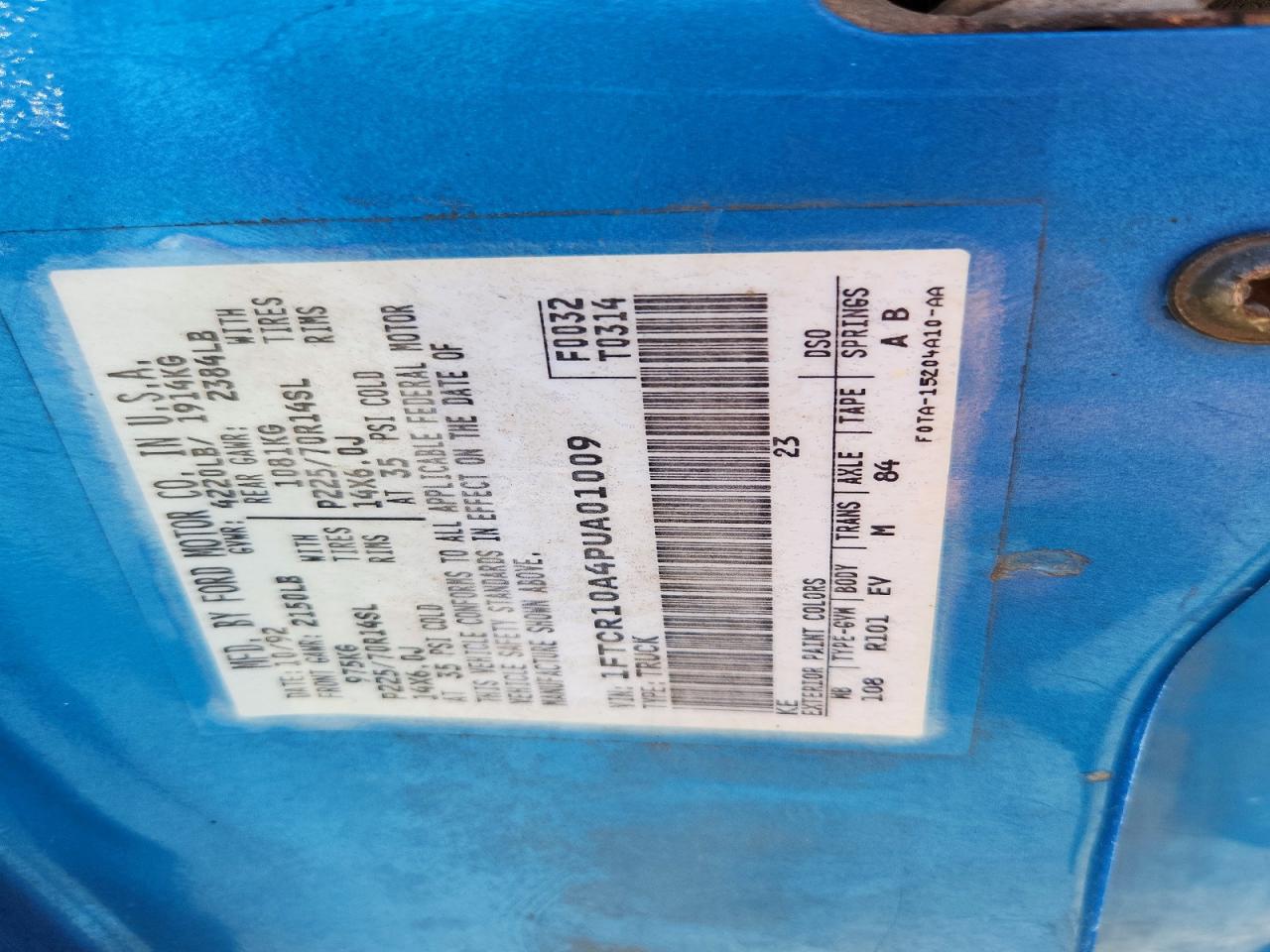1993 Ford Ranger Blue vin: 1FTCR10A4PUA01009