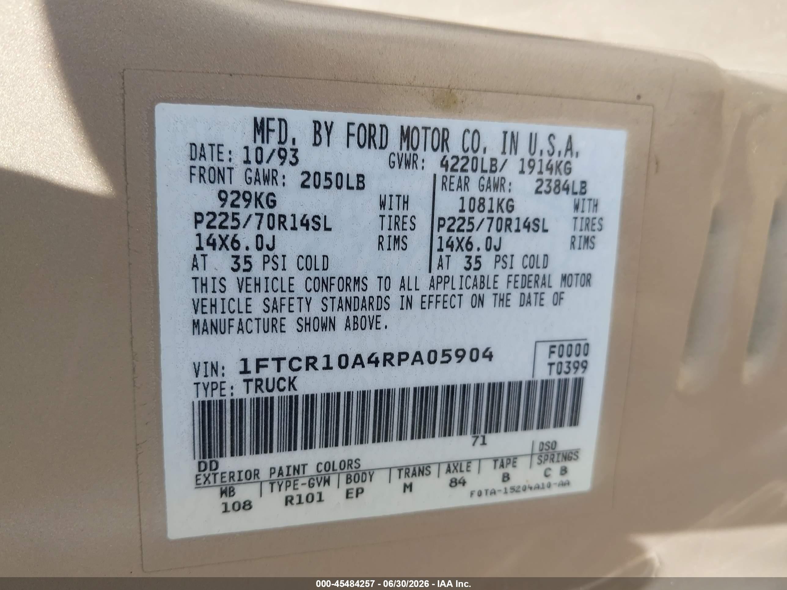 1994 Ford Ranger   Золотой vin: 1FTCR10A4RPA05904