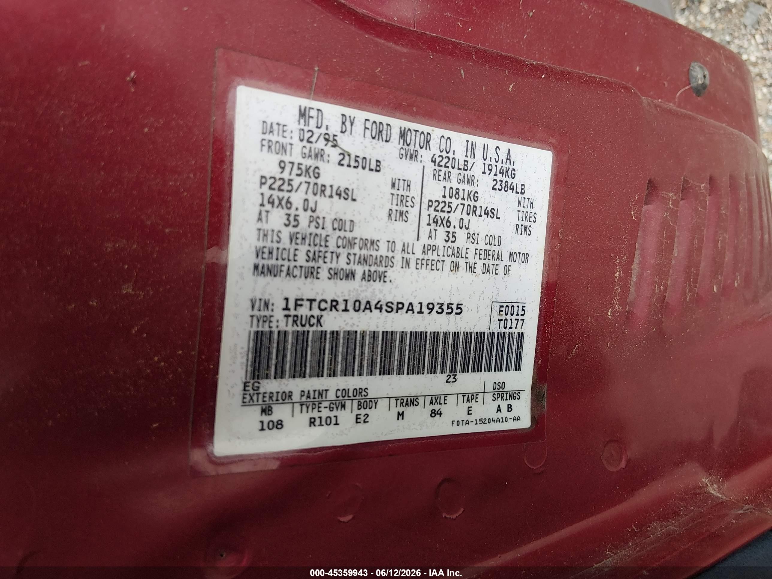 1995 Ford Ranger   Red vin: 1FTCR10A4SPA19355
