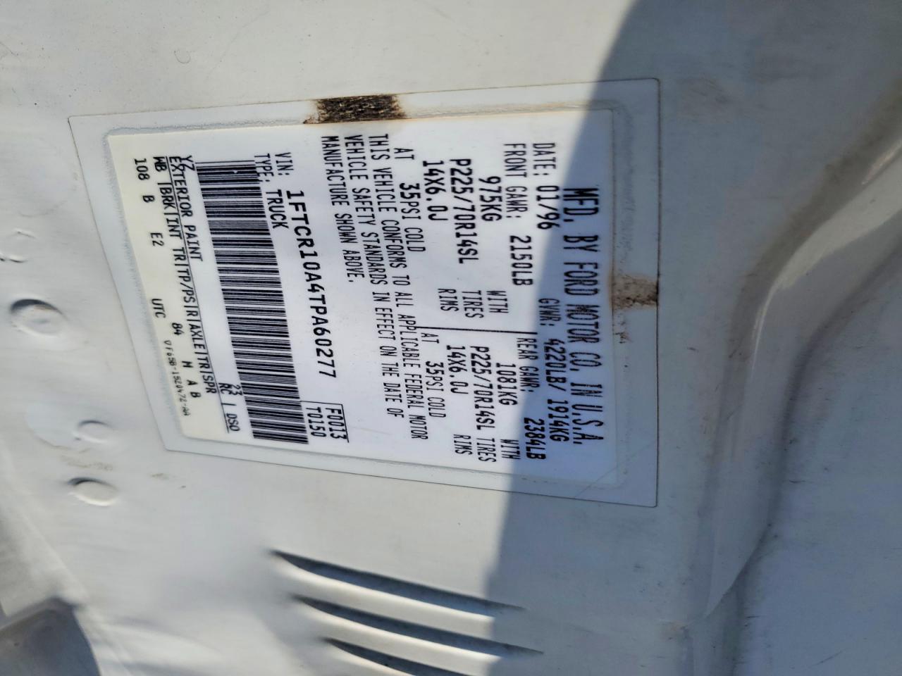 1996 Ford Ranger White vin: 1FTCR10A4TPA60277