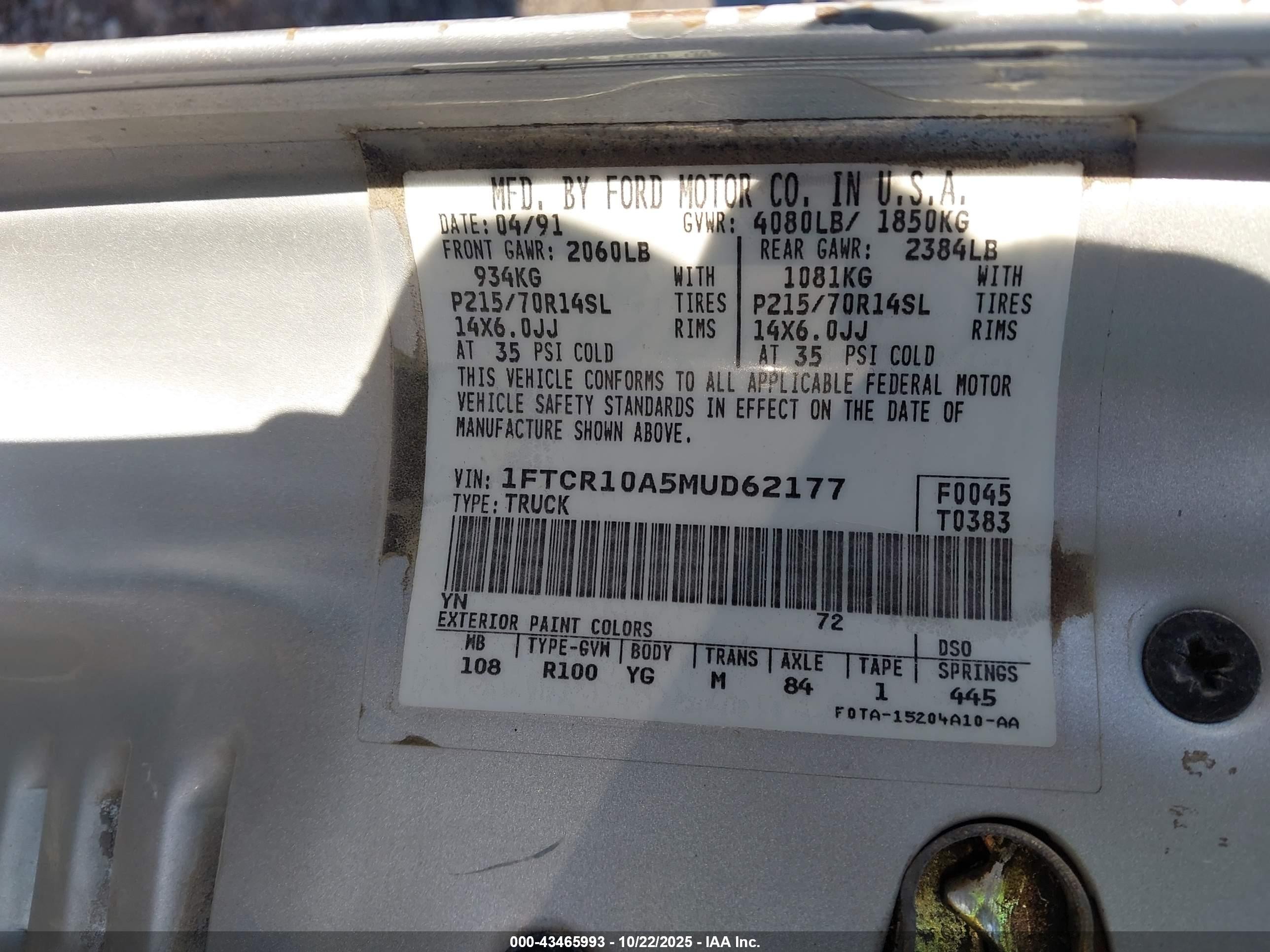 1991 Ford Ranger   Light Blue vin: 1FTCR10A5MUD62177