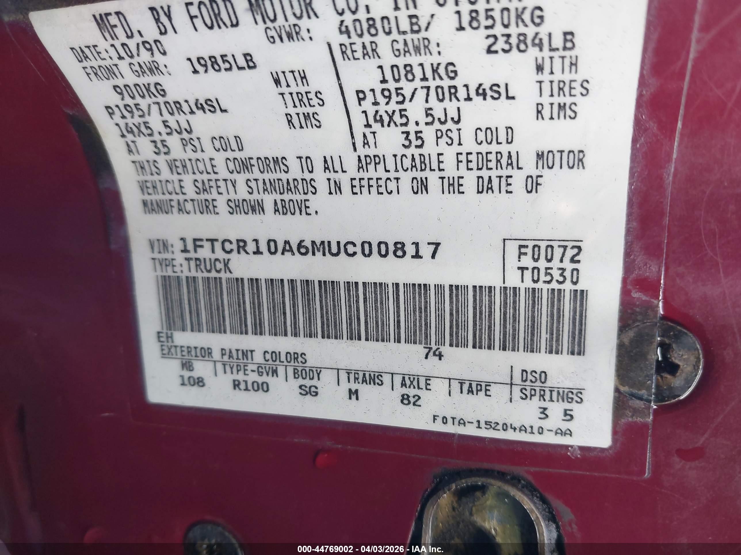 1991 Ford Ranger   Burgundy vin: 1FTCR10A6MUC00817