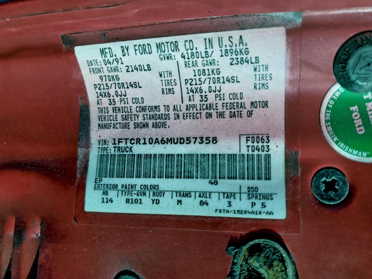 1991 Ford Ranger Red vin: 1FTCR10A6MUD57358