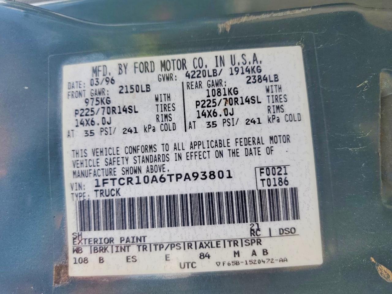 1996 Ford Ranger Green vin: 1FTCR10A6TPA93801