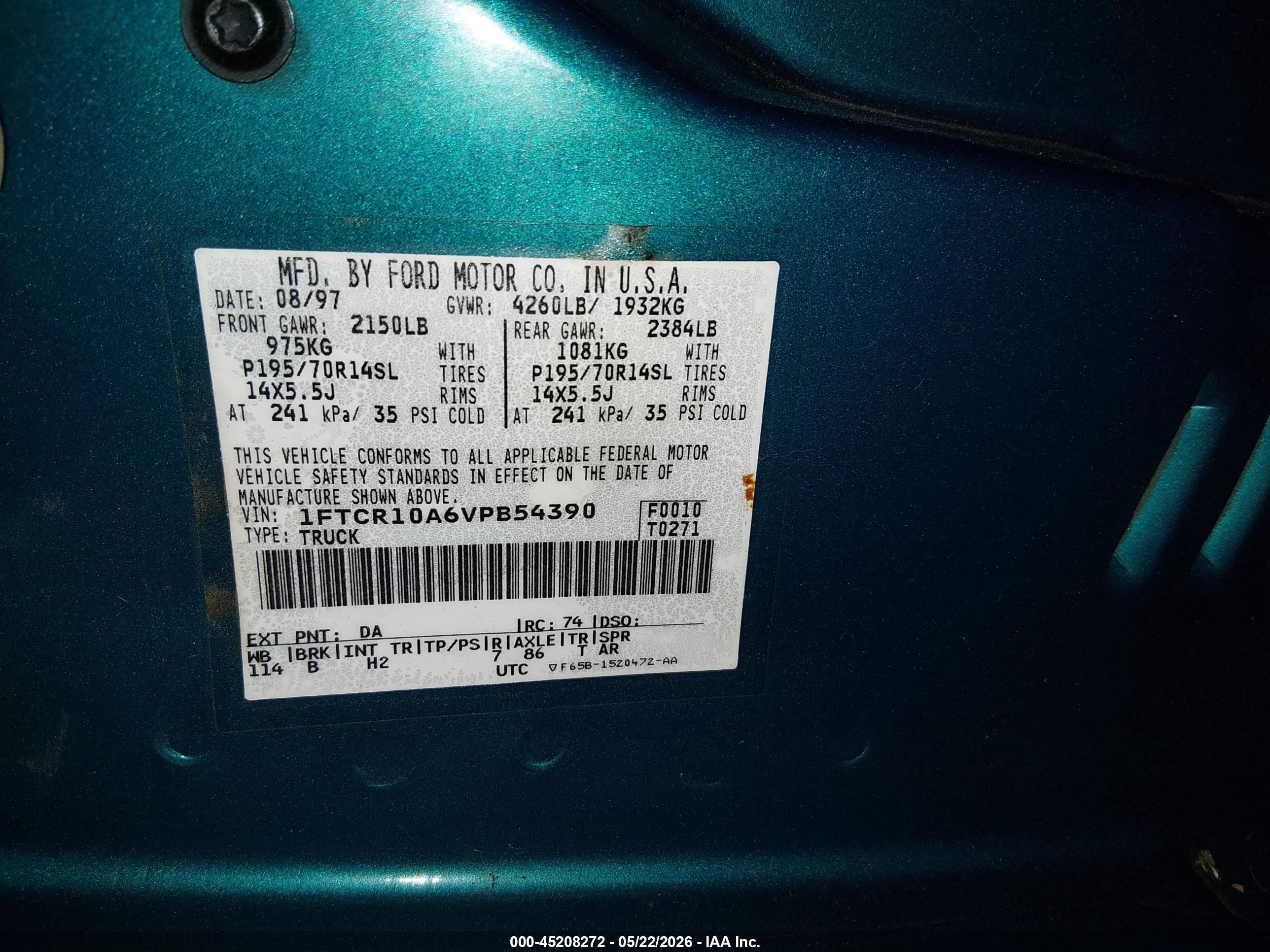 1997 Ford Ranger Splash/xl/xlt Green vin: 1FTCR10A6VPB54390