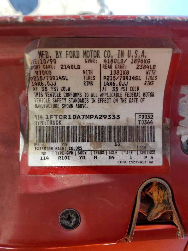 1991 Ford Ranger Red vin: 1FTCR10A7MPA29333
