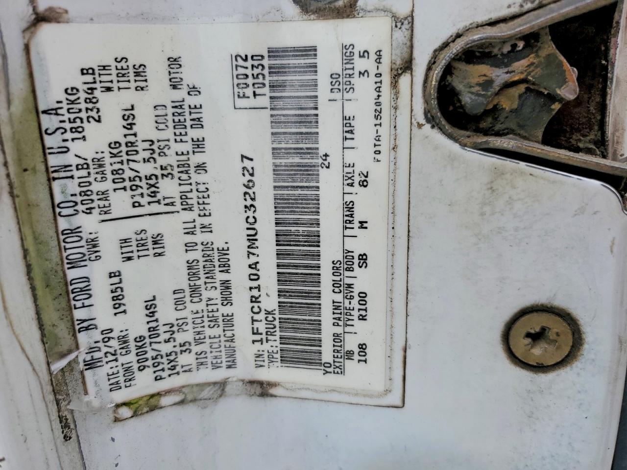 1991 Ford Ranger White vin: 1FTCR10A7MUC32627