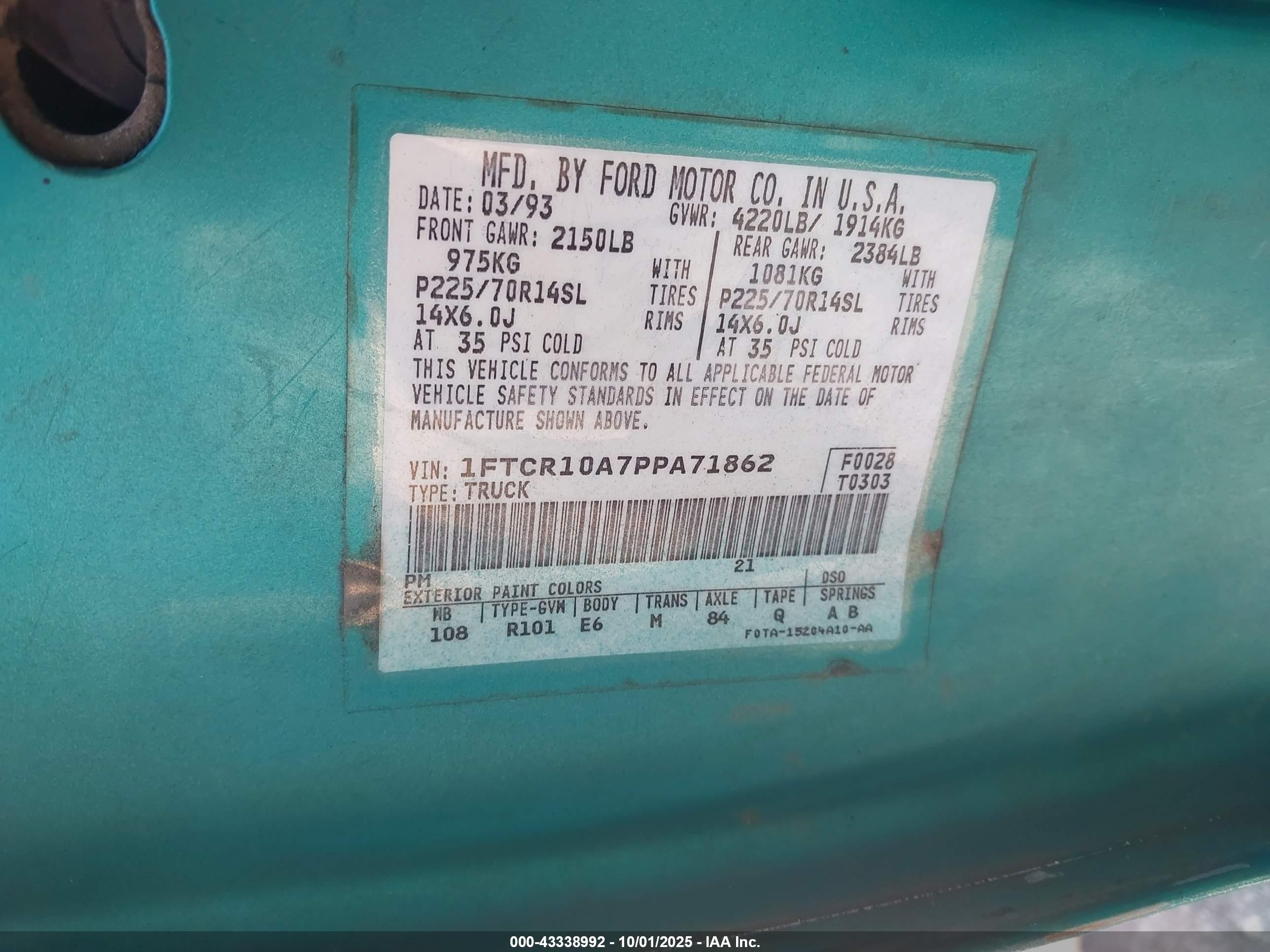 1993 Ford Ranger   Green vin: 1FTCR10A7PPA71862