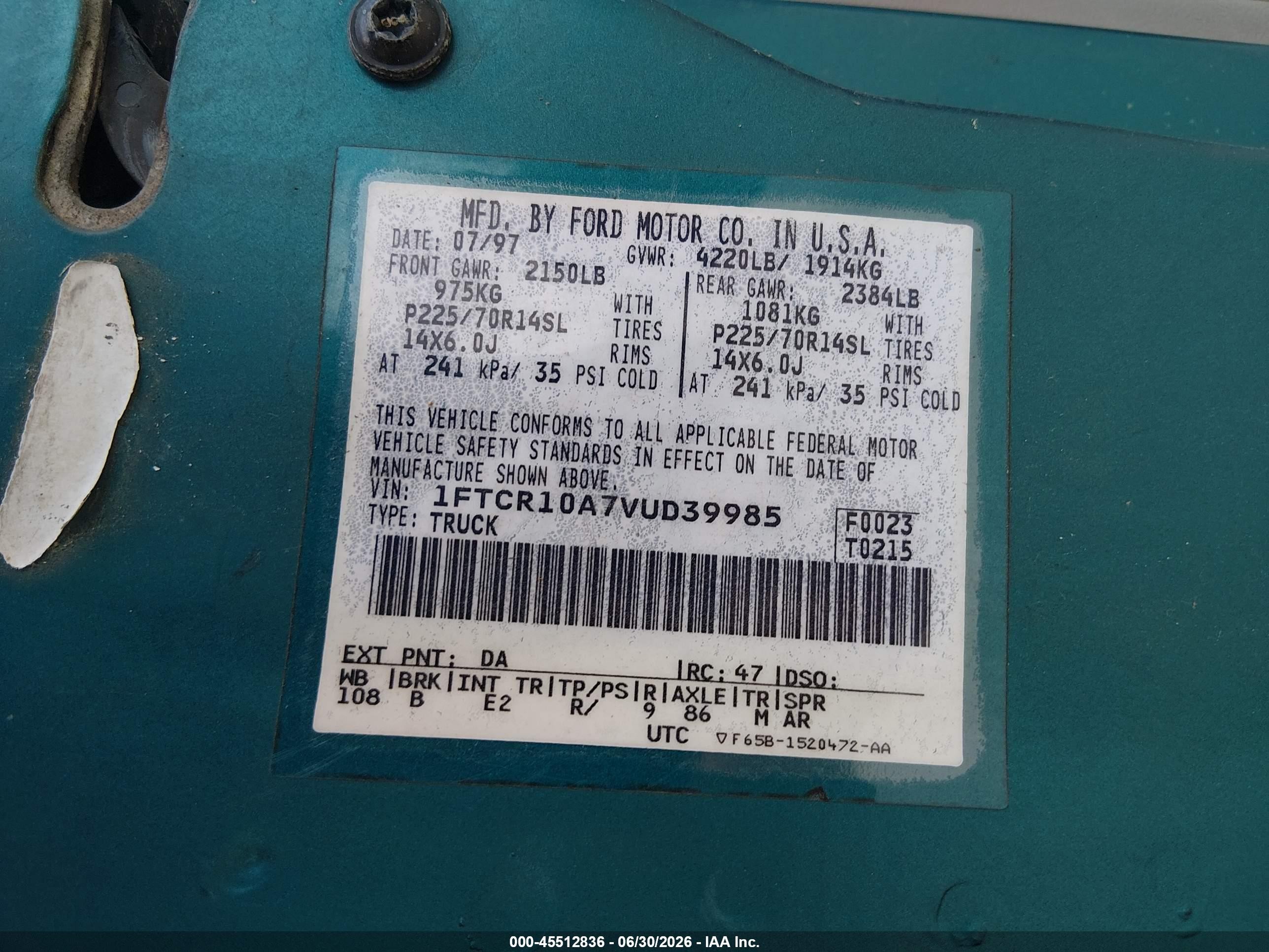 1997 Ford Ranger Splash/xlt Green vin: 1FTCR10A7VUD39985