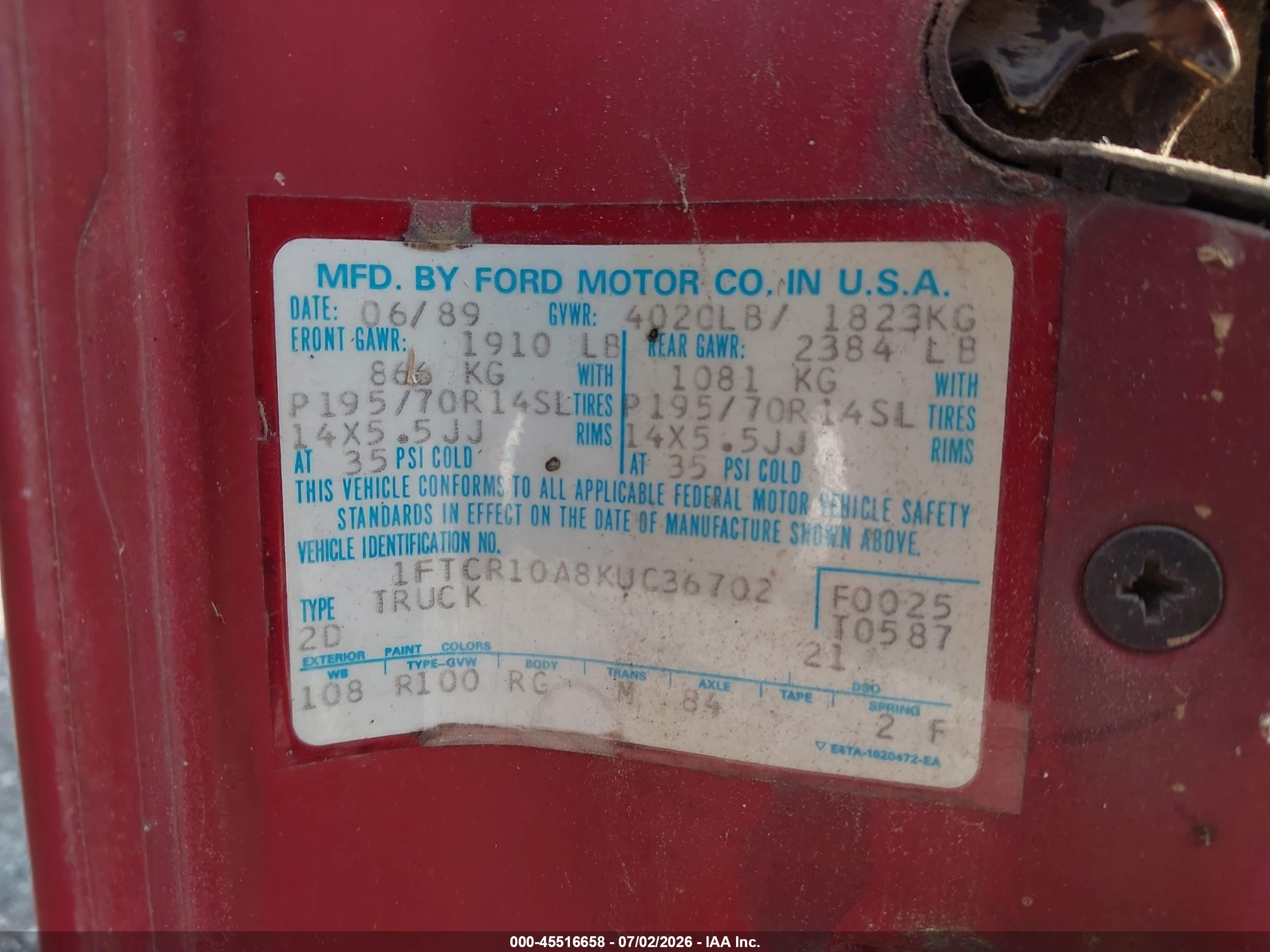 1989 Ford Ranger   Red vin: 1FTCR10A8KUC36702