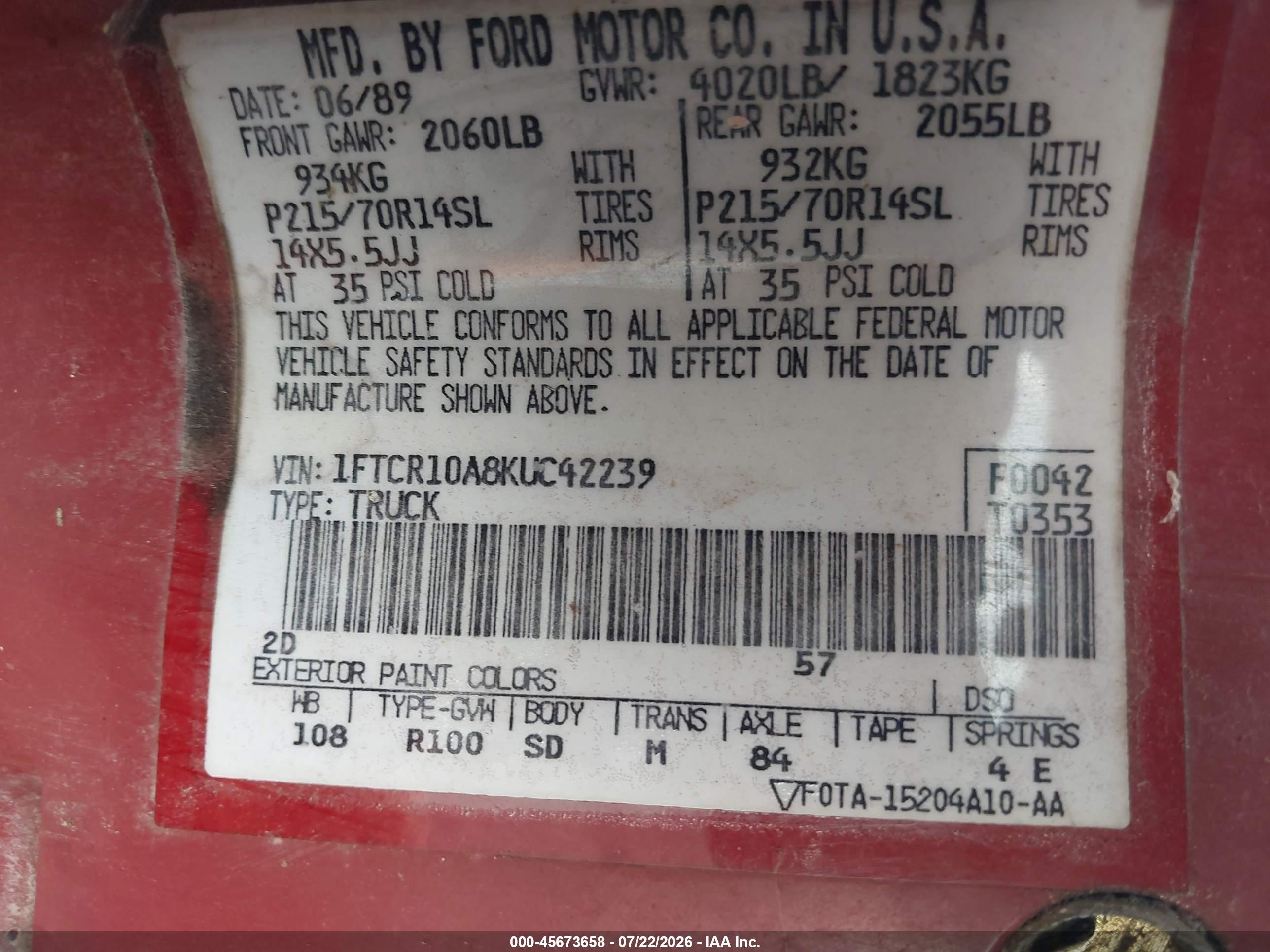 1989 Ford Ranger   Red vin: 1FTCR10A8KUC42239
