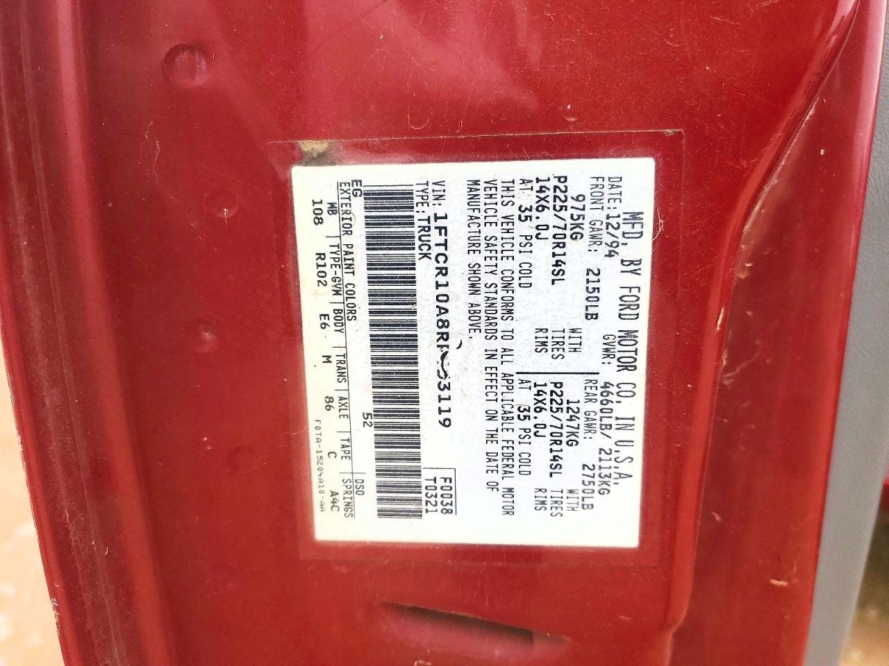 1994 Ford Ranger Red vin: 1FTCR10A8RPC53119