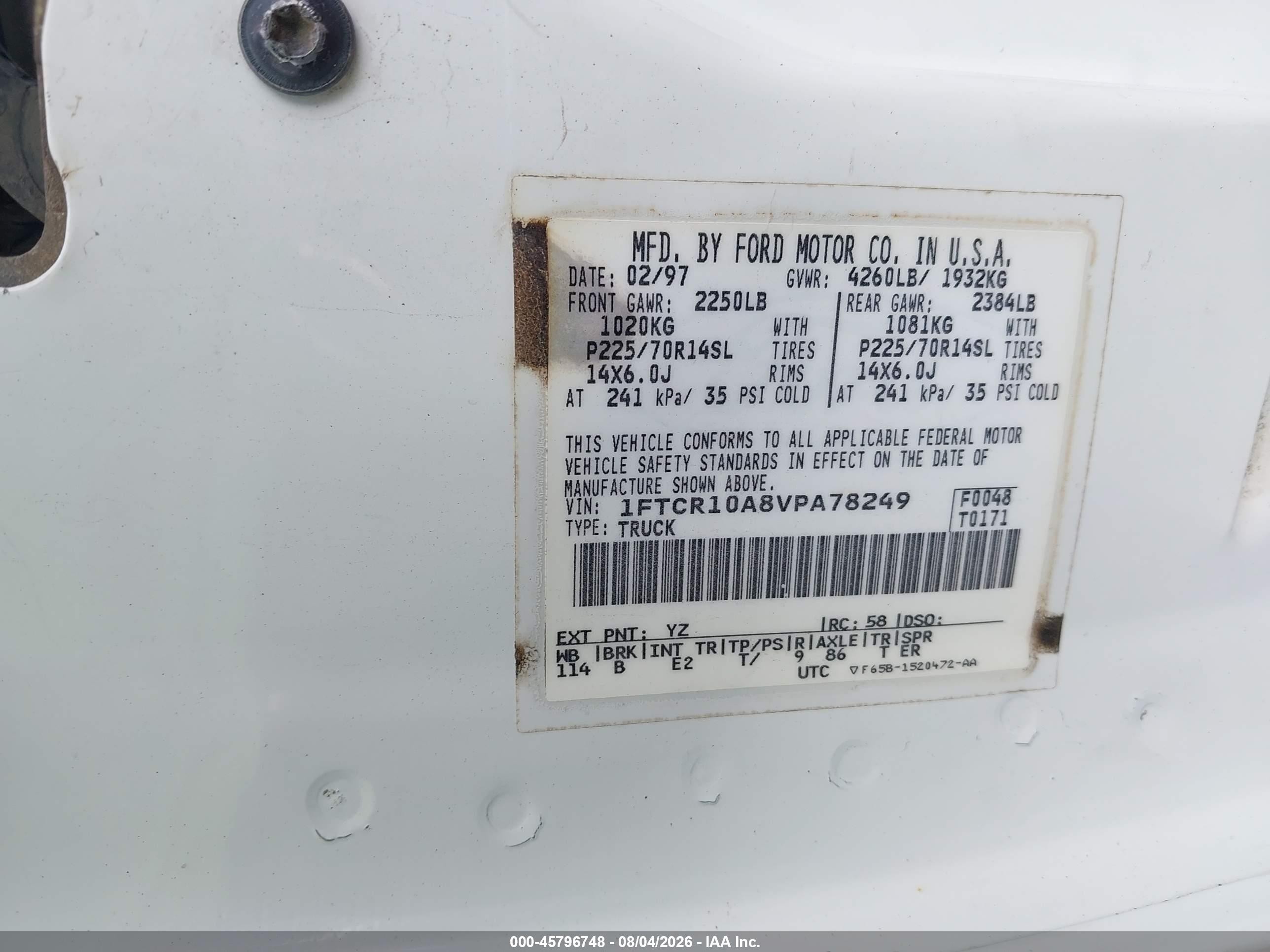 1997 Ford Ranger Splash/xlt White vin: 1FTCR10A8VPA78249