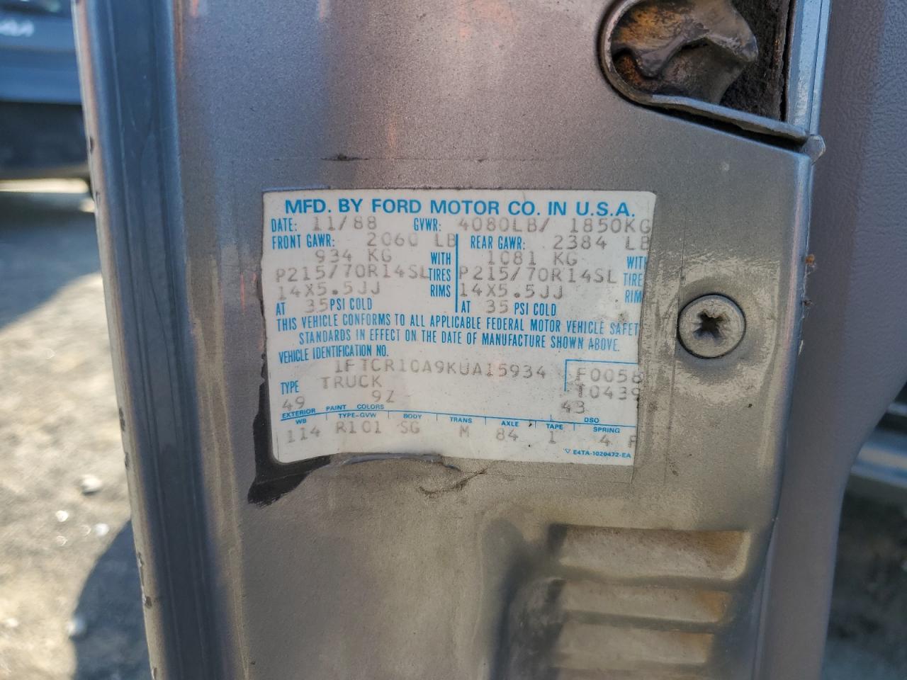1989 Ford Ranger Gray vin: 1FTCR10A9KUA15934