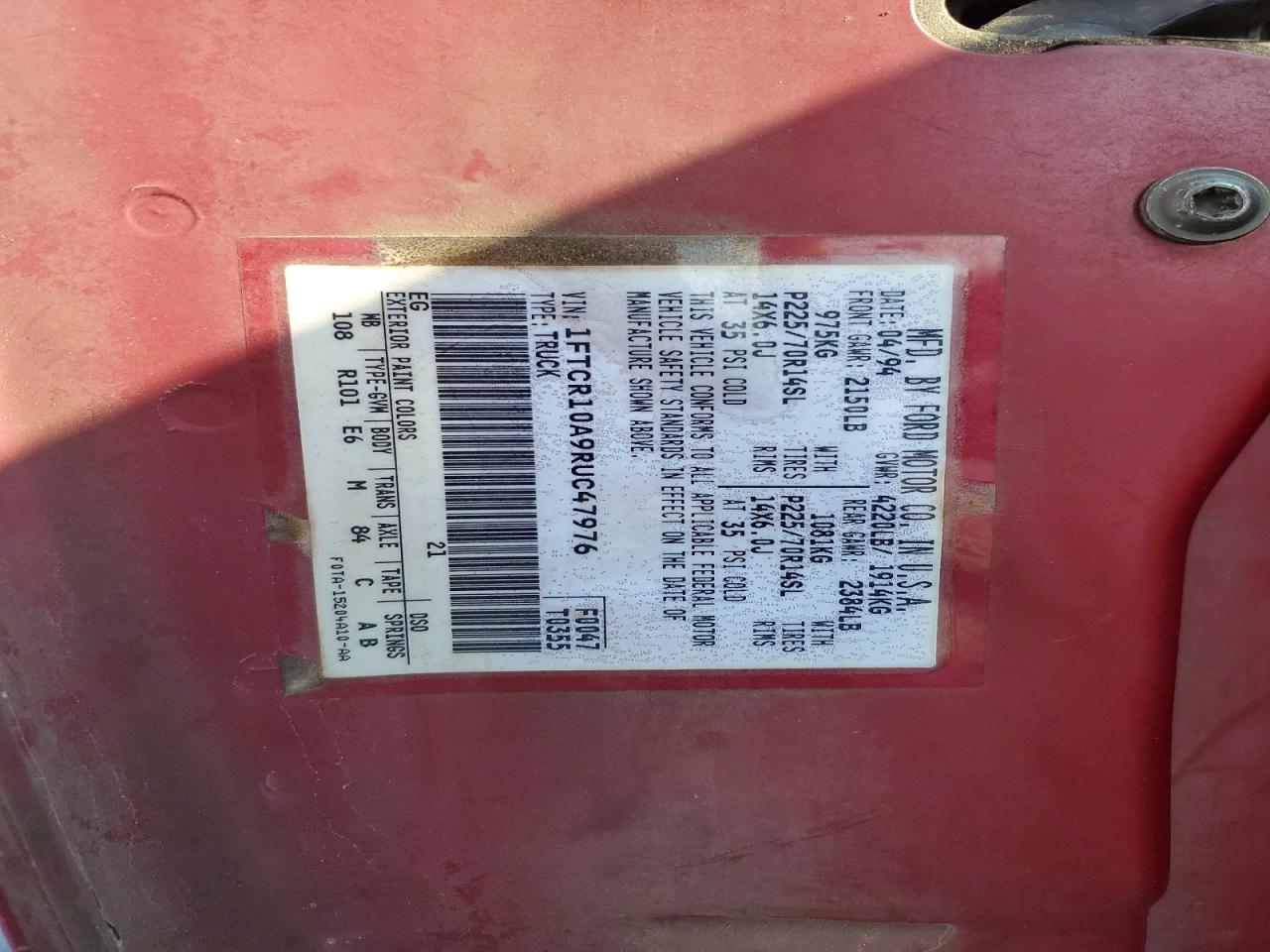1994 Ford Ranger Red vin: 1FTCR10A9RUC47976