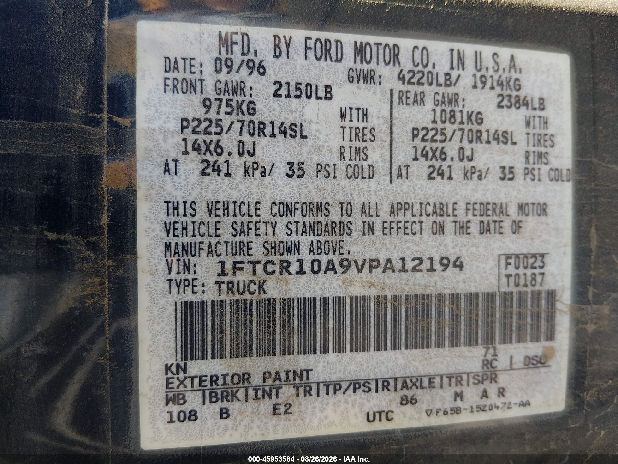 1997 Ford Ranger Splash/xl/xlt Dark Blue vin: 1FTCR10A9VPA12194