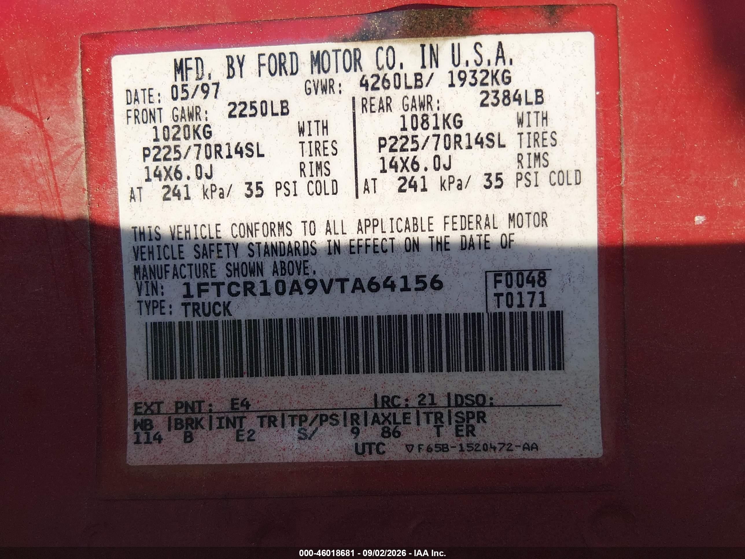 1997 Ford Ranger Splash/xl/xlt Red vin: 1FTCR10A9VTA64156