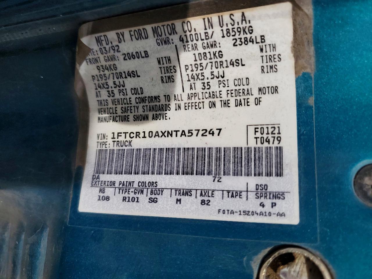 1992 Ford Ranger Teal vin: 1FTCR10AXNTA57247