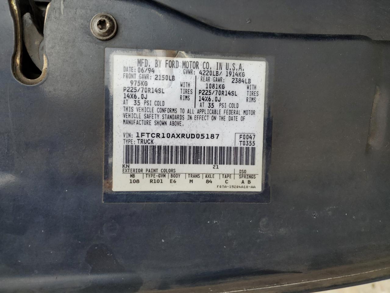 1994 Ford Ranger Blue vin: 1FTCR10AXRUD05187
