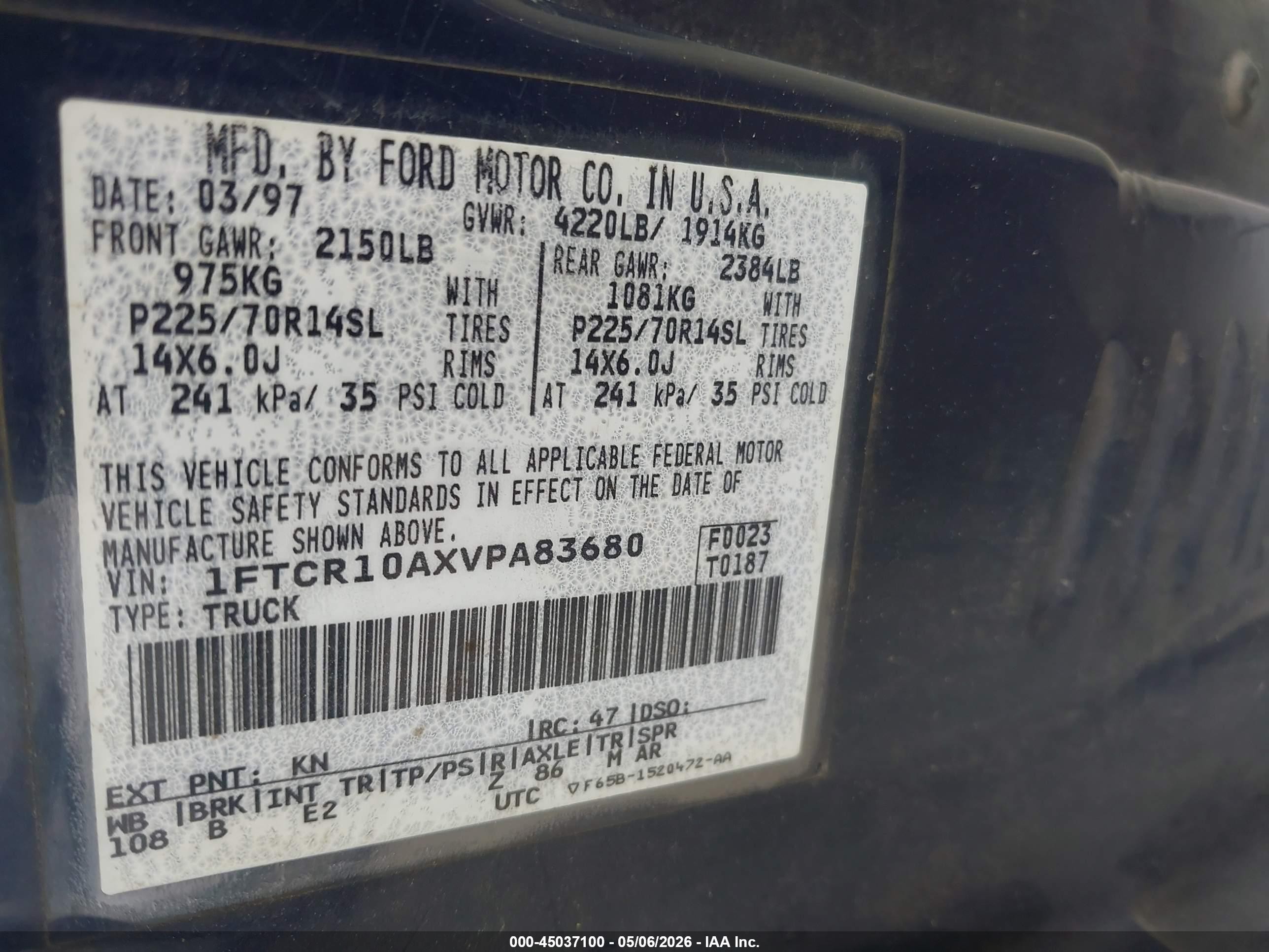 1997 Ford Ranger Splash/xl/xlt Blue vin: 1FTCR10AXVPA83680