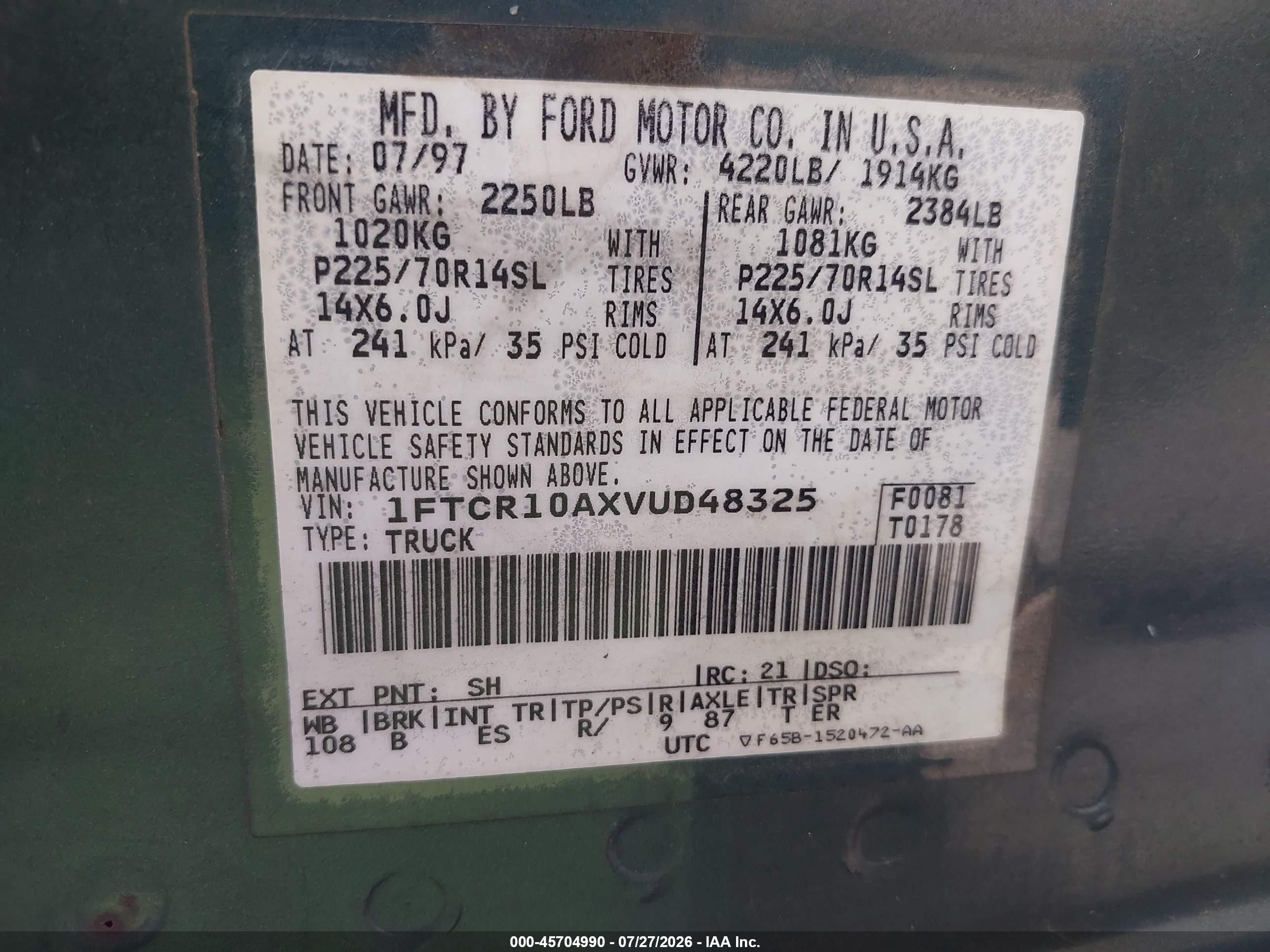 1997 Ford Ranger Splash/xlt Green vin: 1FTCR10AXVUD48325
